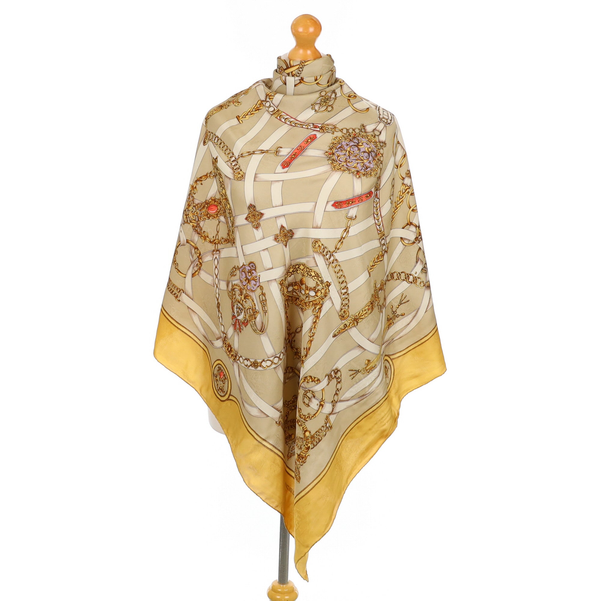 1980’s Lancel Taupe and Gold Chain Design Silk Scarf