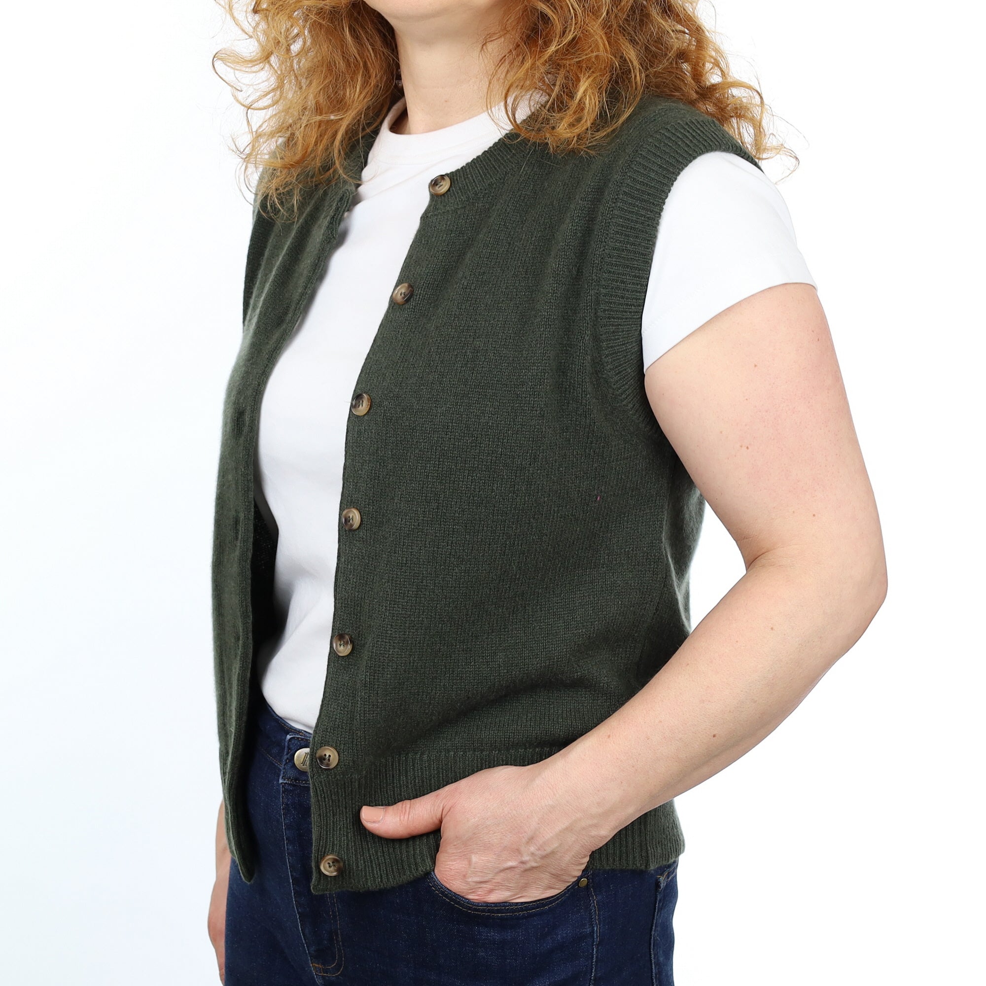 Brand New Khaki Luxury Cashmere Crew Neck Waistcoat Medium UK 12-14