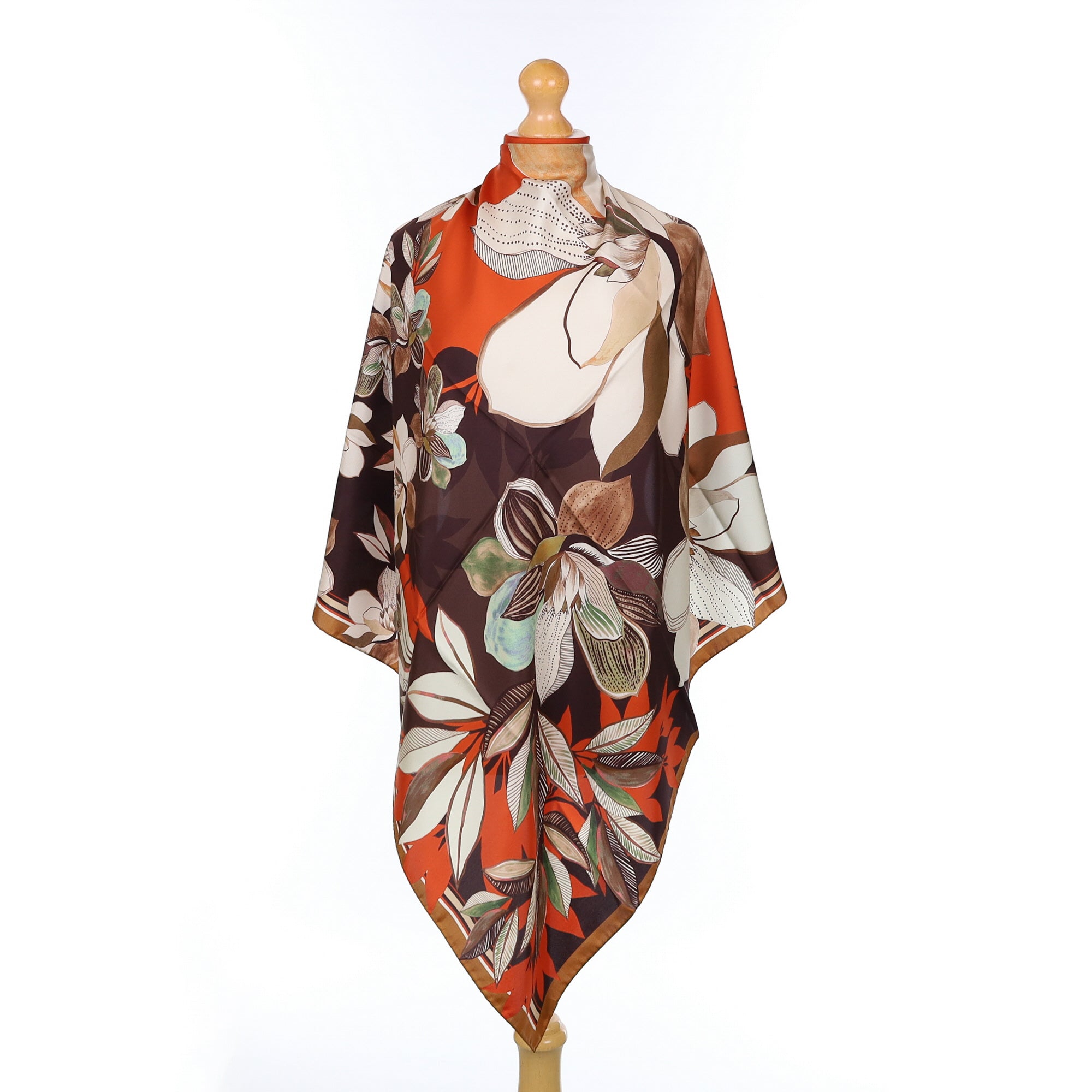 Brand New Italian Brown & Rust Floral Silk Scarf