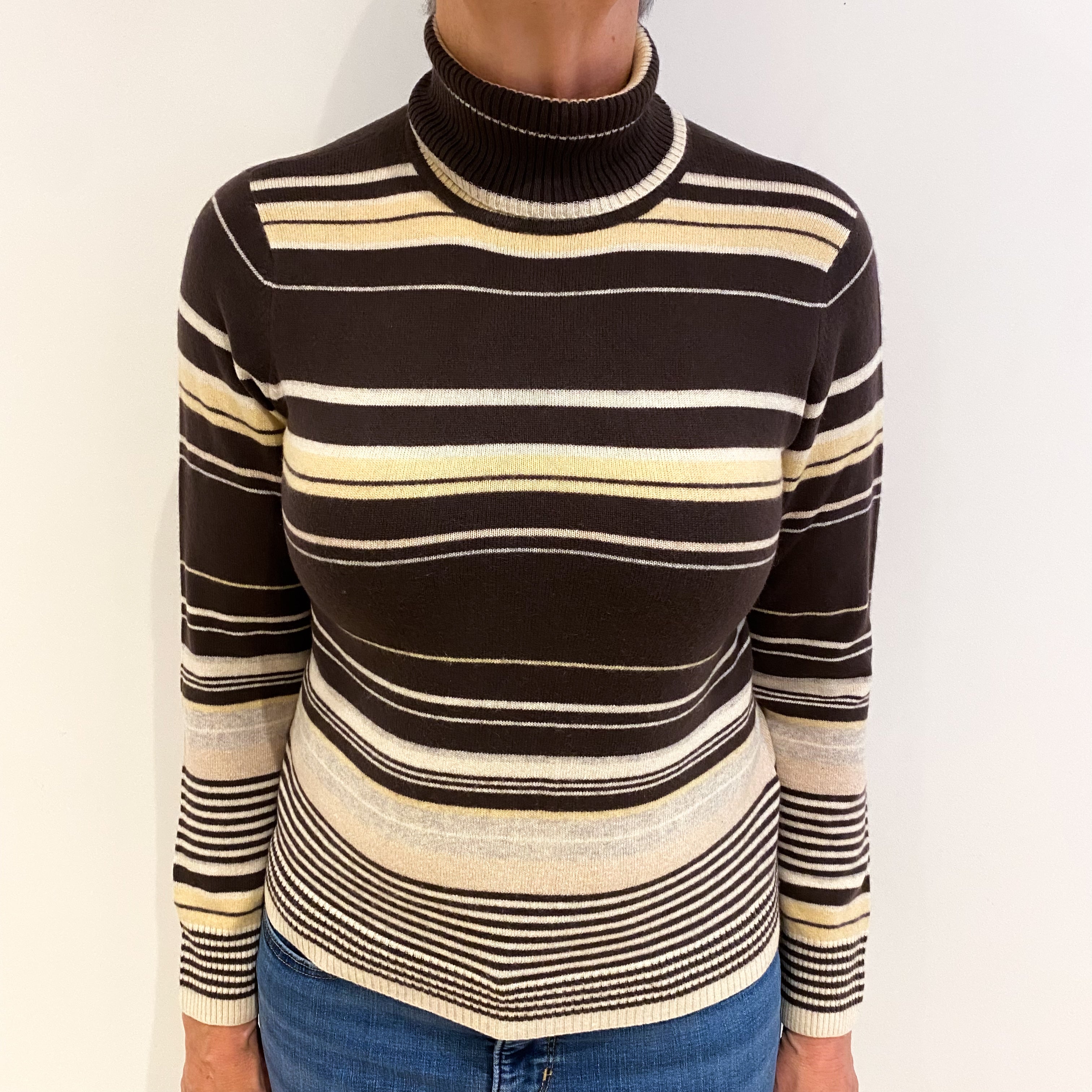 Oatmeal Brown Striped Cashmere Polo Neck Jumper Medium