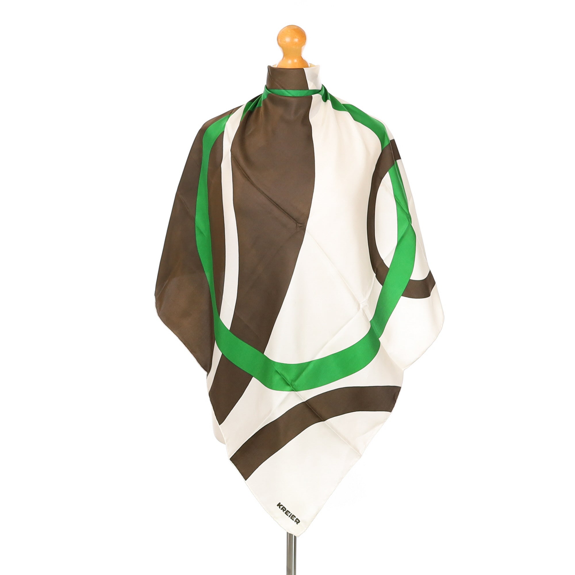 Kreier Brown, White and Green Abstract Vintage Silk Scarf