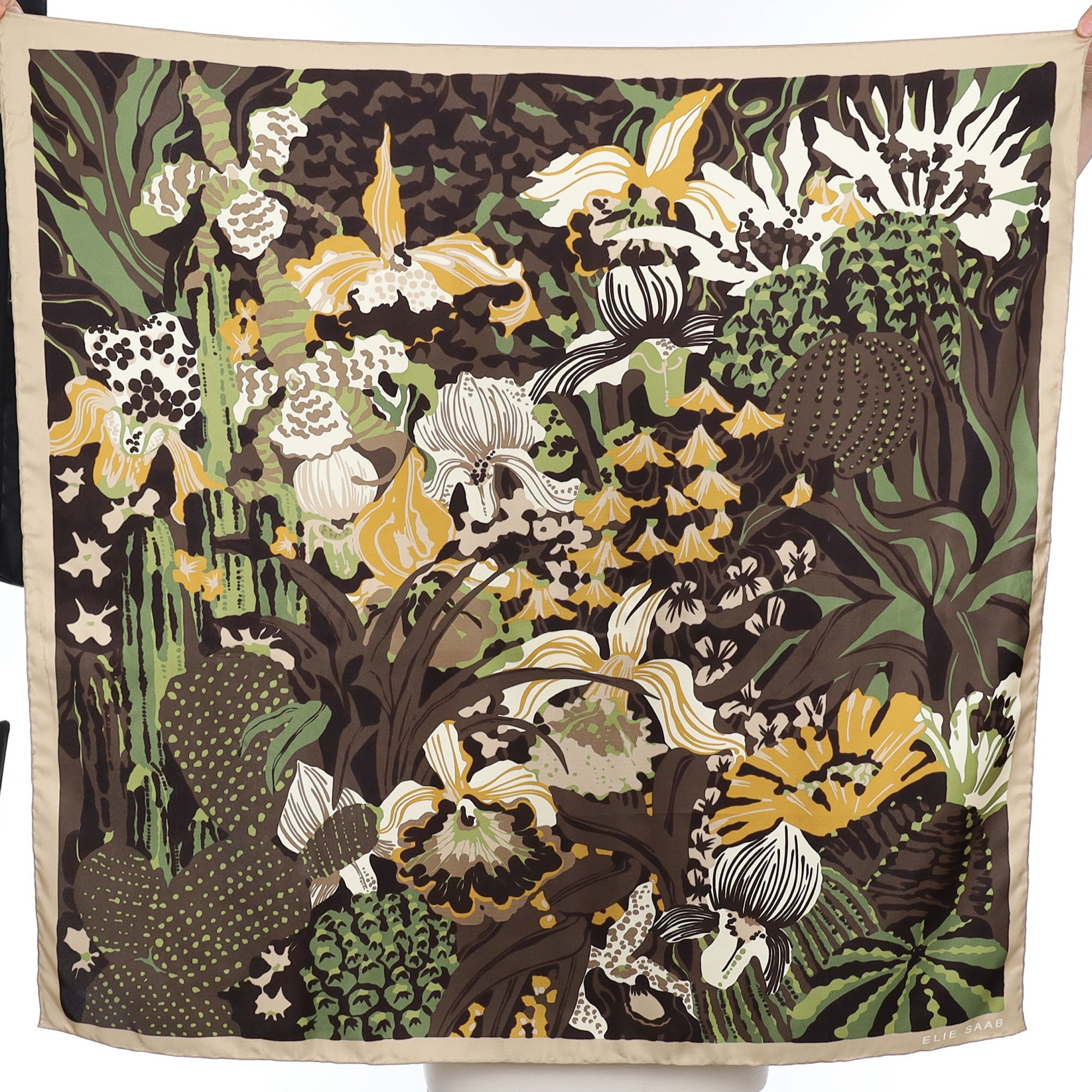 Elie Saab Brown and Green Botanical Silk Scarf