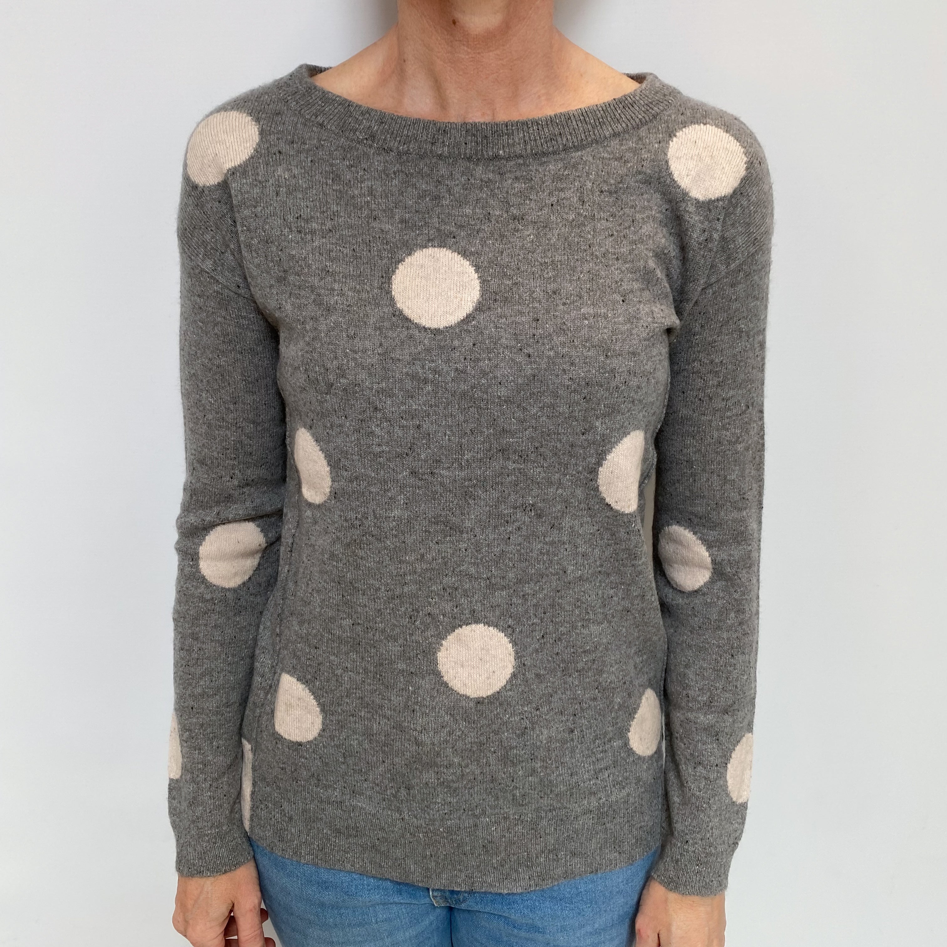 Ash Grey Polka Dot Cashmere Crew Neck Jumper Small