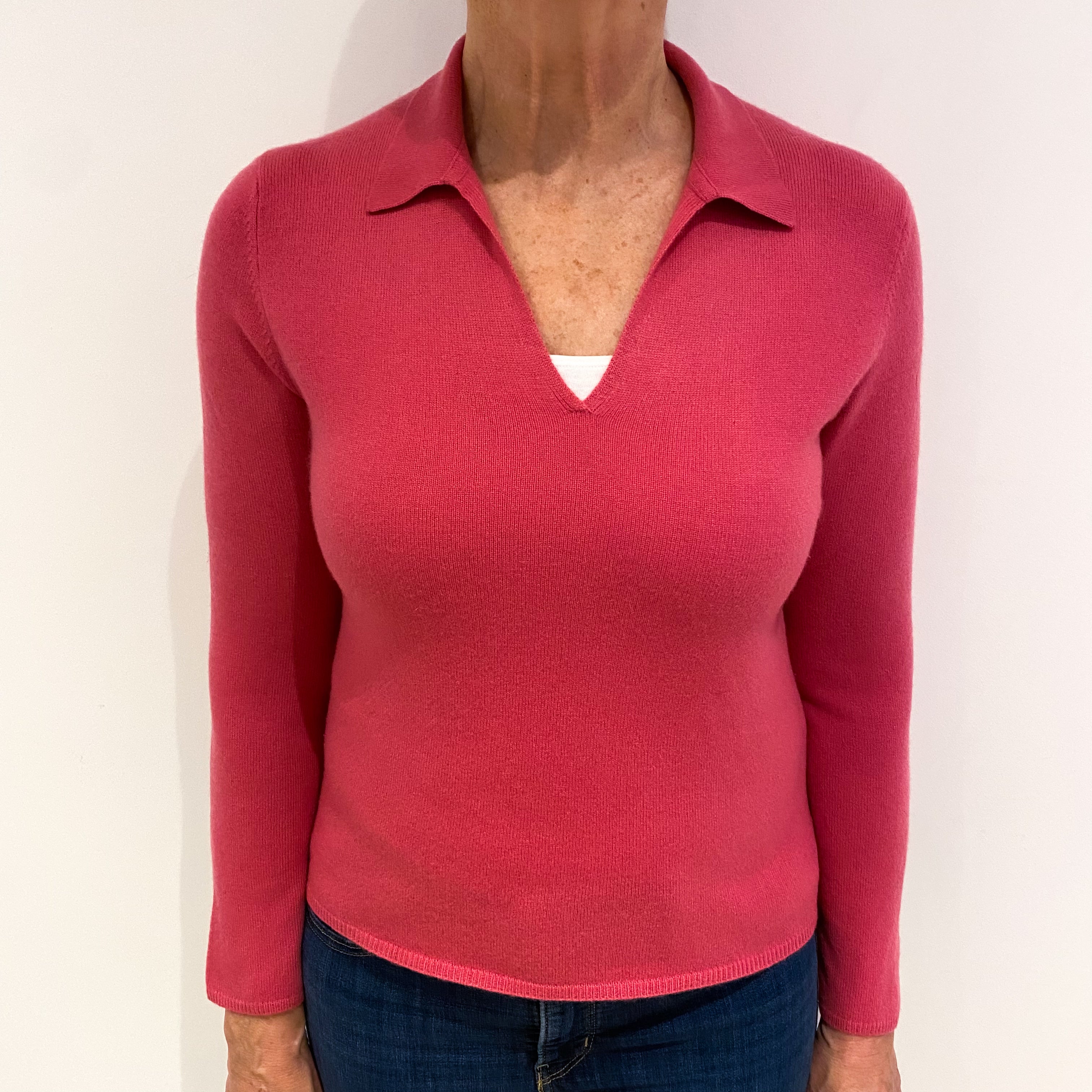 Tulip Pink Cashmere Collared V Neck Cardigan Medium