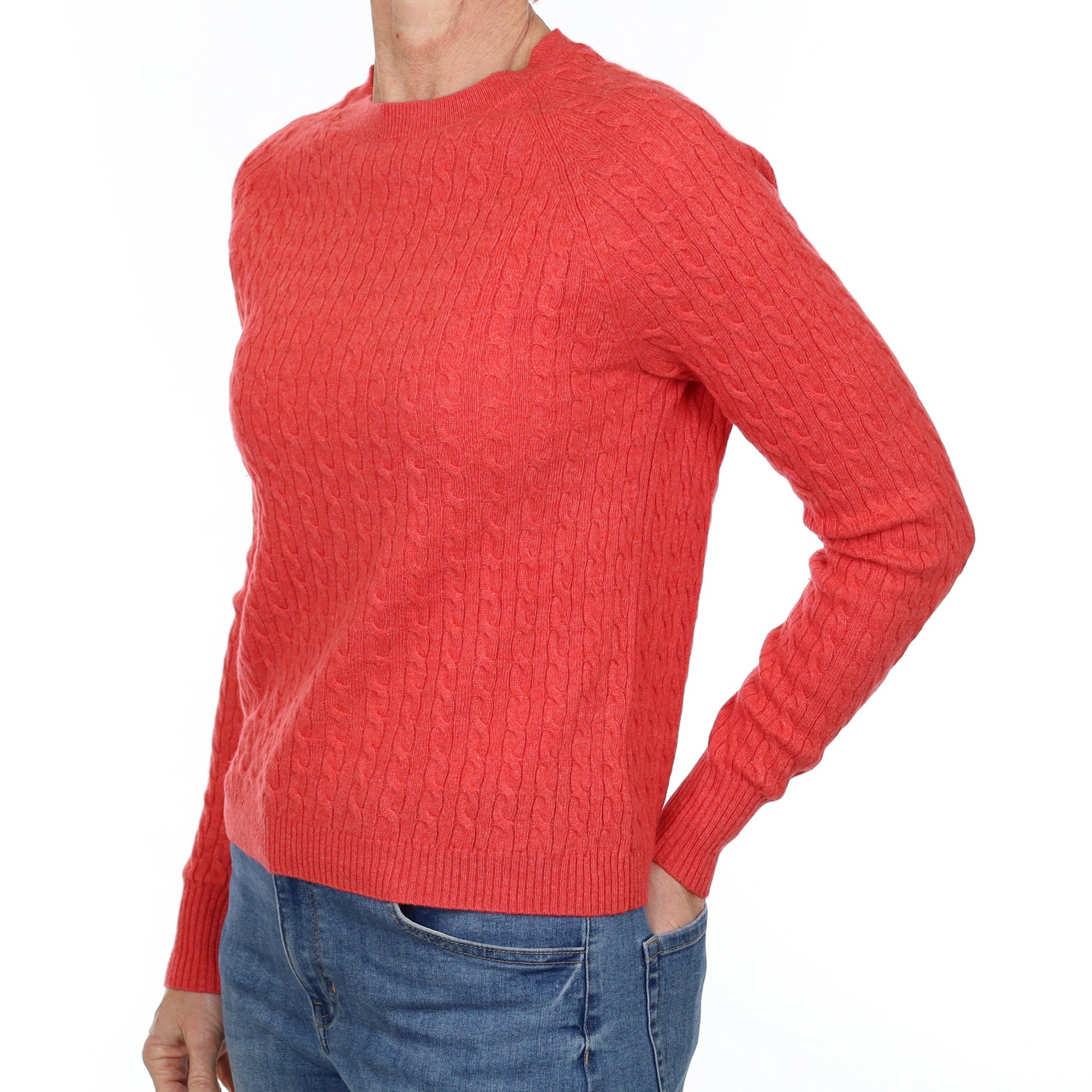 Strawberry Pink Cable Cashmere Crew Neck Jumper Small