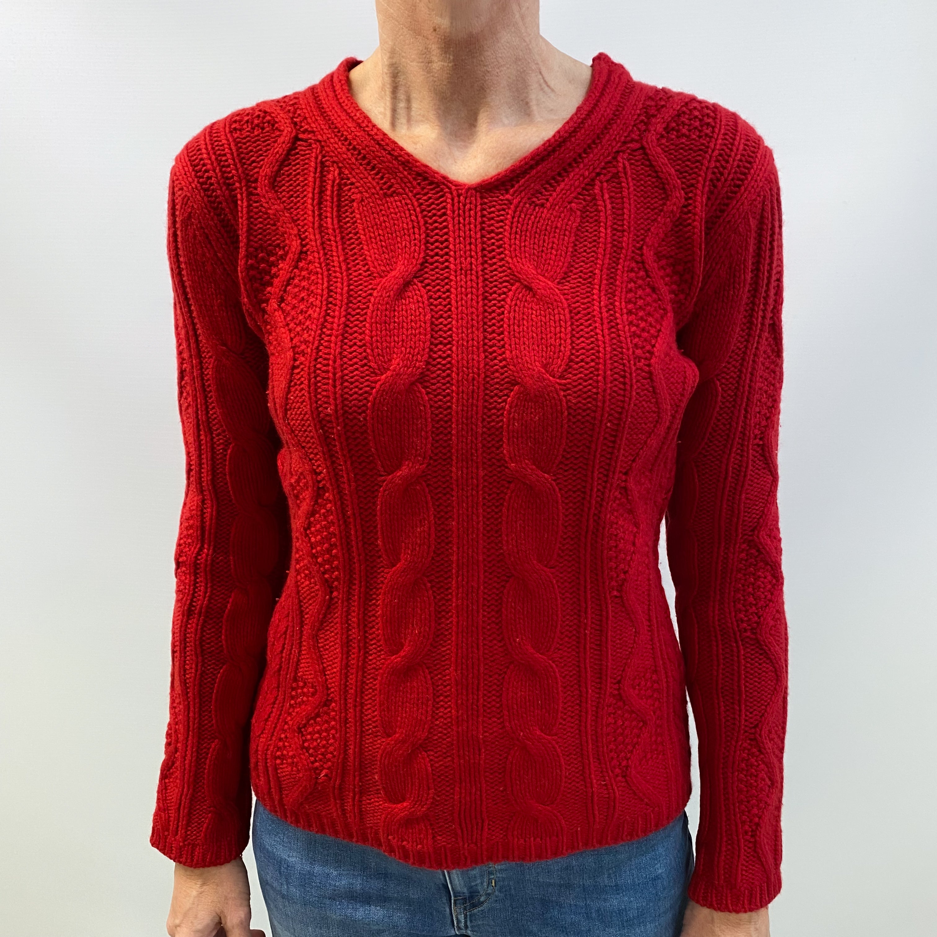 Post Box Red Cashmere V Neck Cable Knit Jumper Small