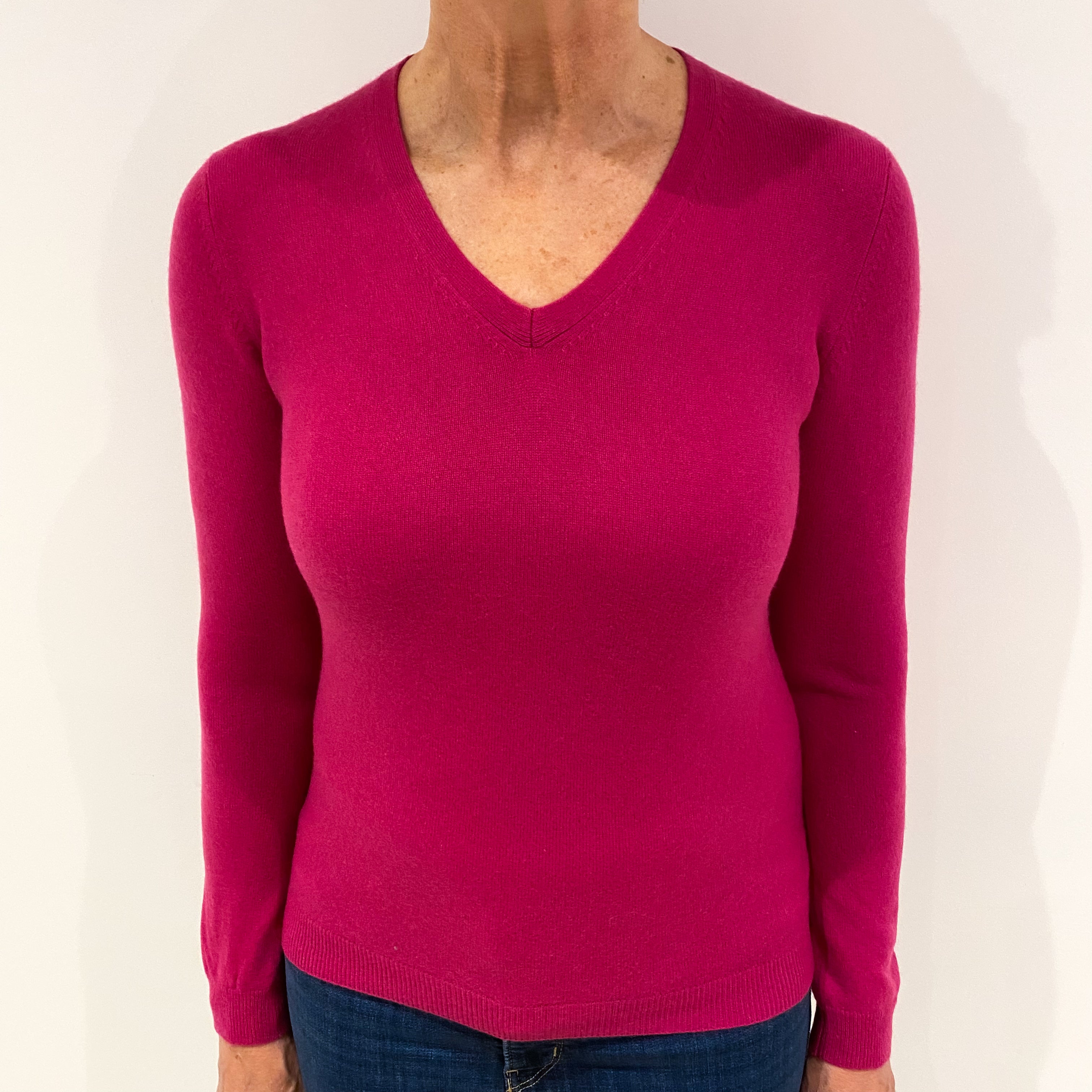 Fuchsia Pink Cashmere V Neck Jumper Medium