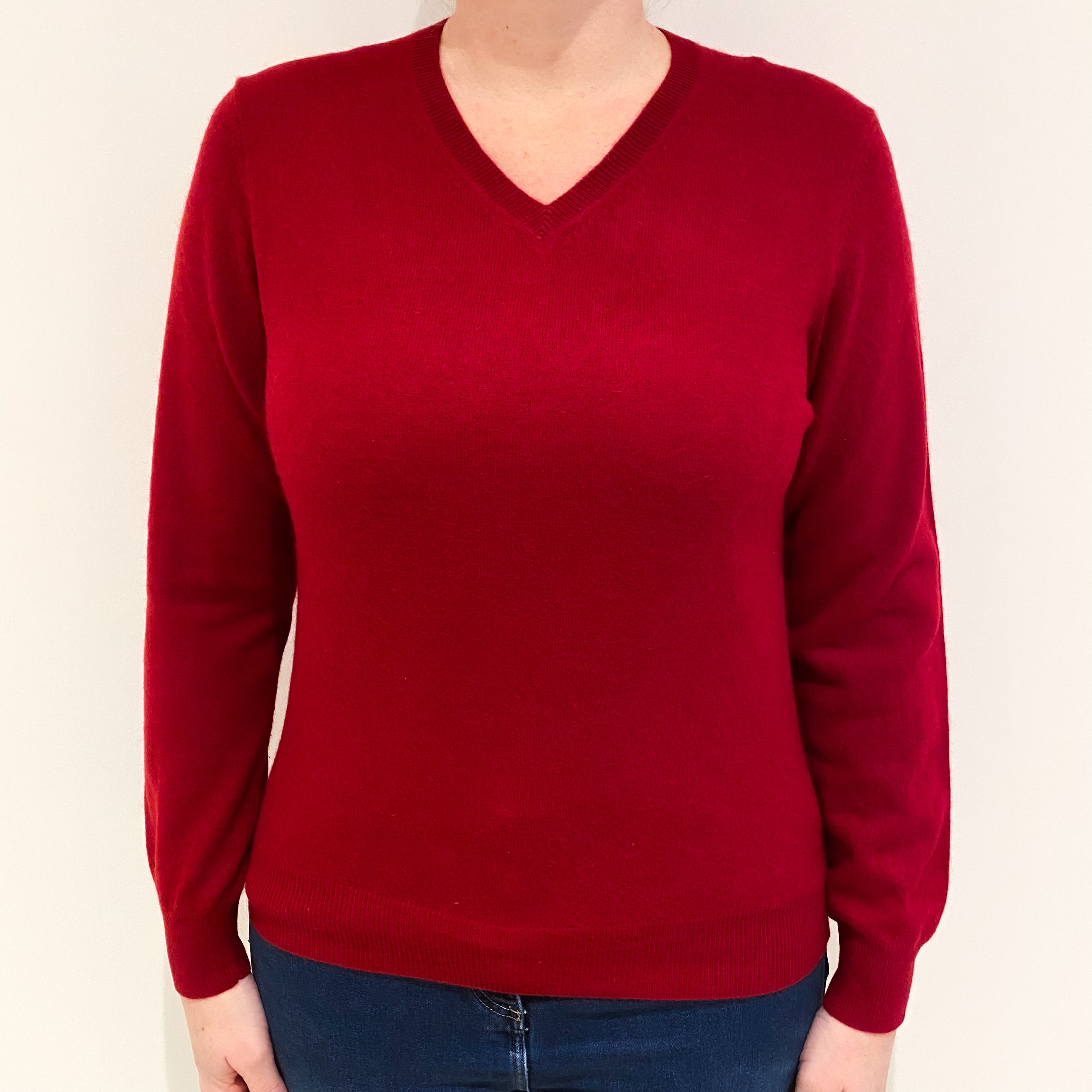 Crimson Red Cashmere V Neck Jumper Large