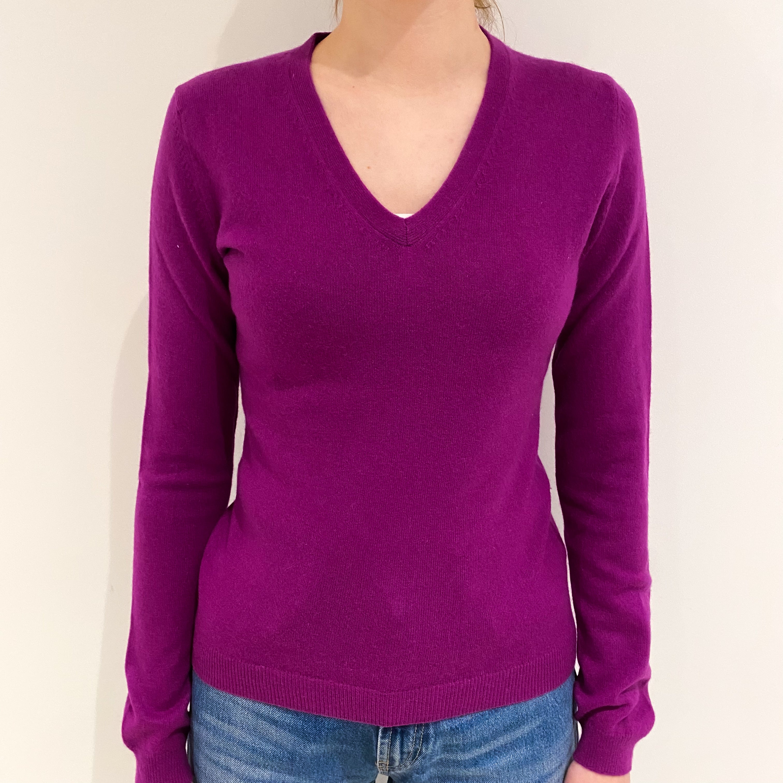 Magenta Purple Cashmere V Neck Jumper Extra Small