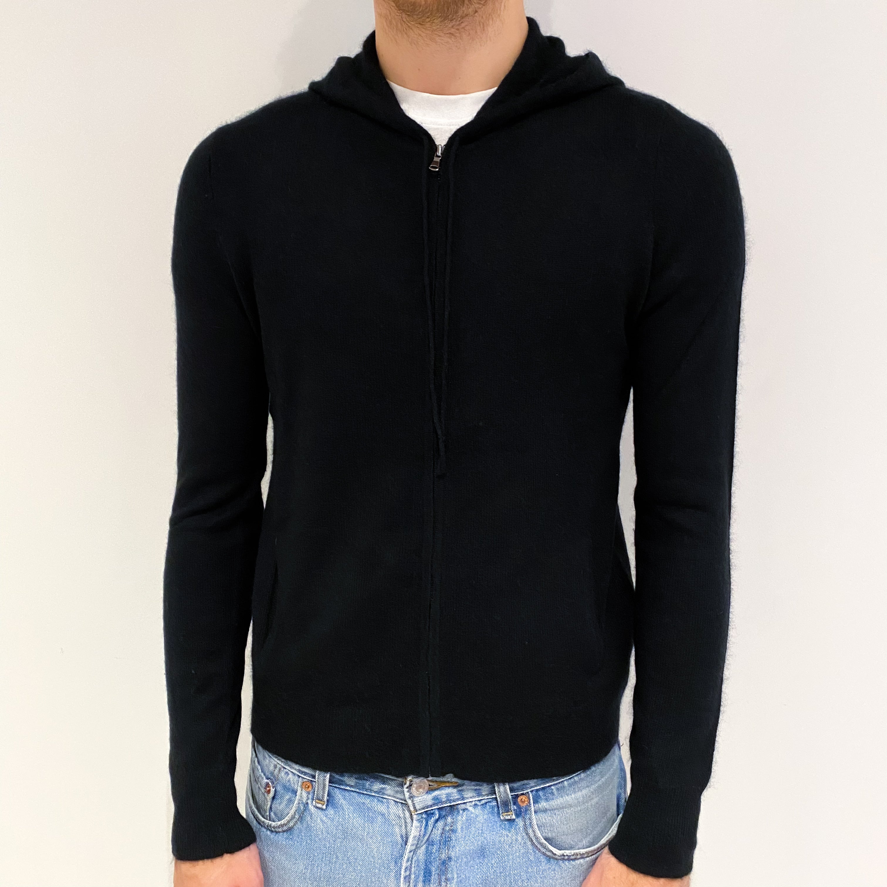 Men's Black Cashmere Crew Neck Zip Up Hoodie Medium