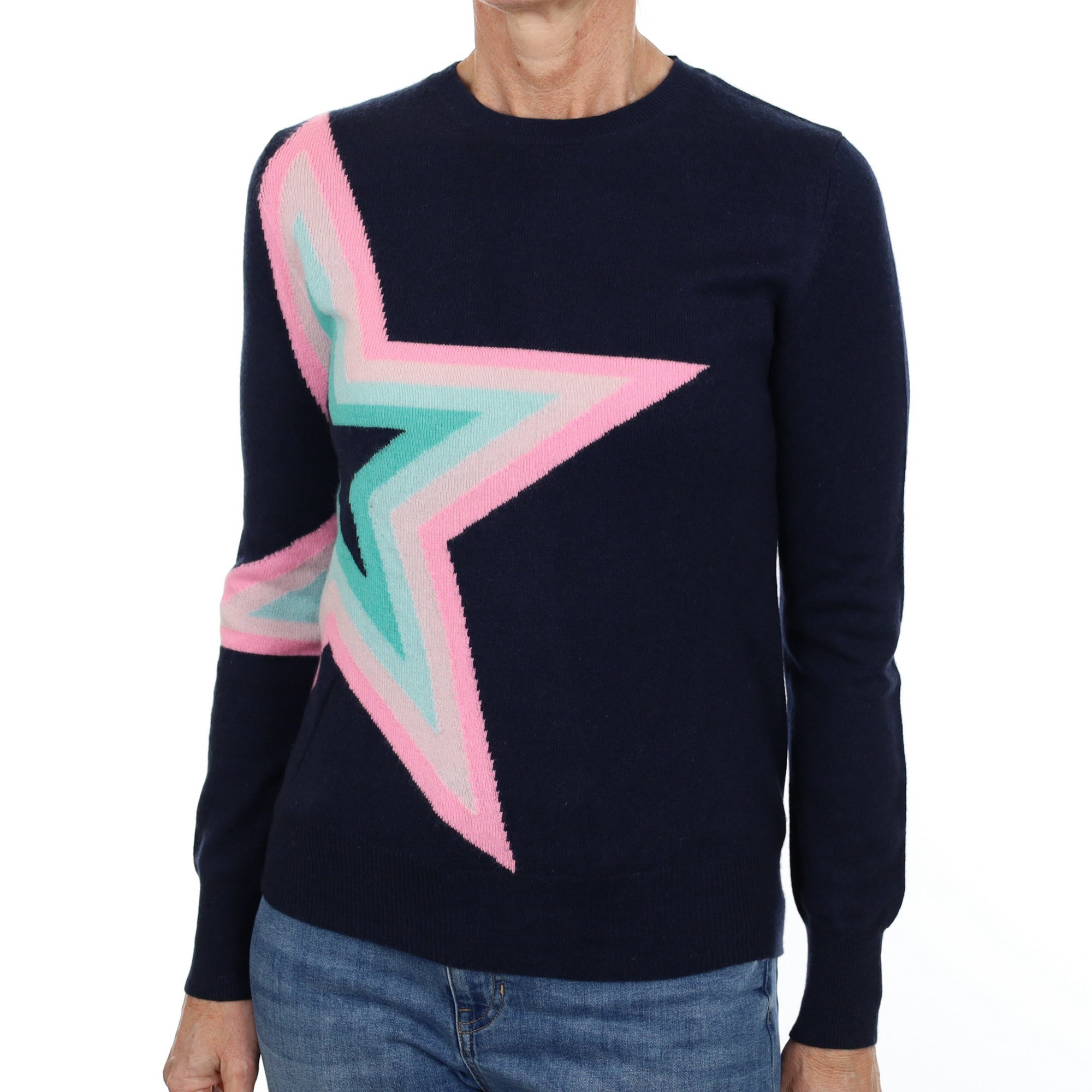 Navy Blue Star Cashmere Crew Neck Jumper Small