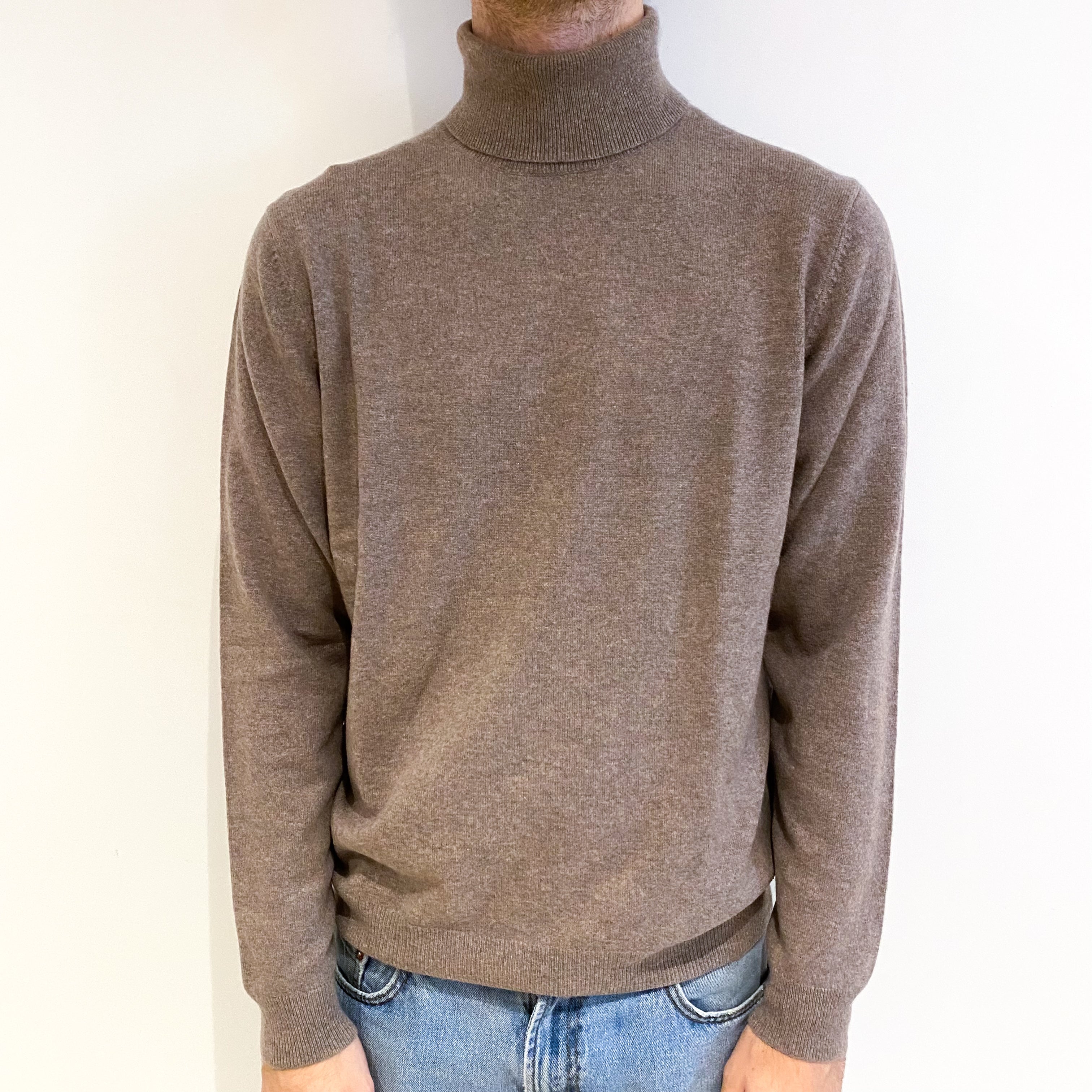 Men's Mole Brown Marl Cashmere Polo Neck Jumper Large