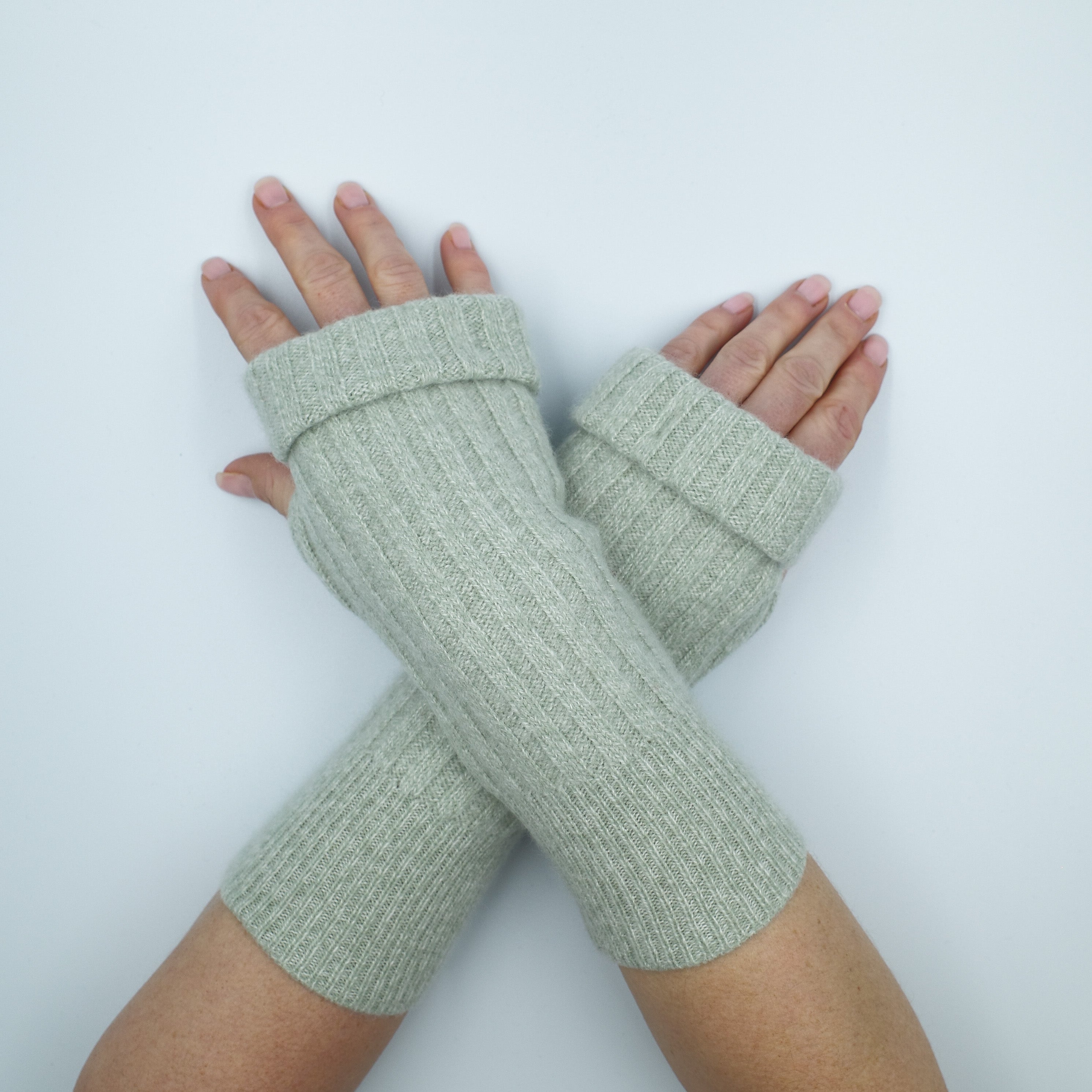 Soft Sage Green Rib Fingerless Gloves
