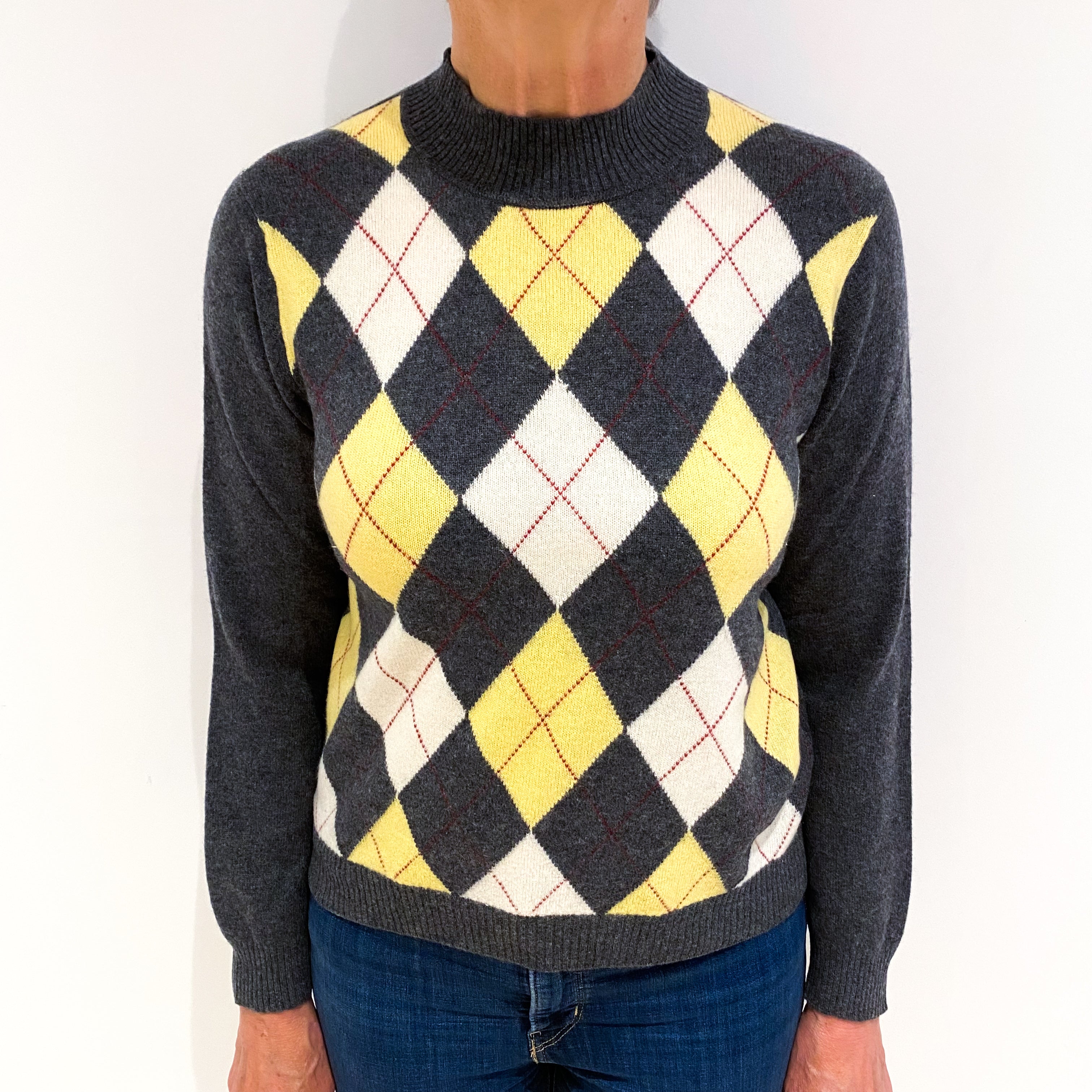 Slate Grey Argyle Cashmere Turtle Neck Jumper Medium