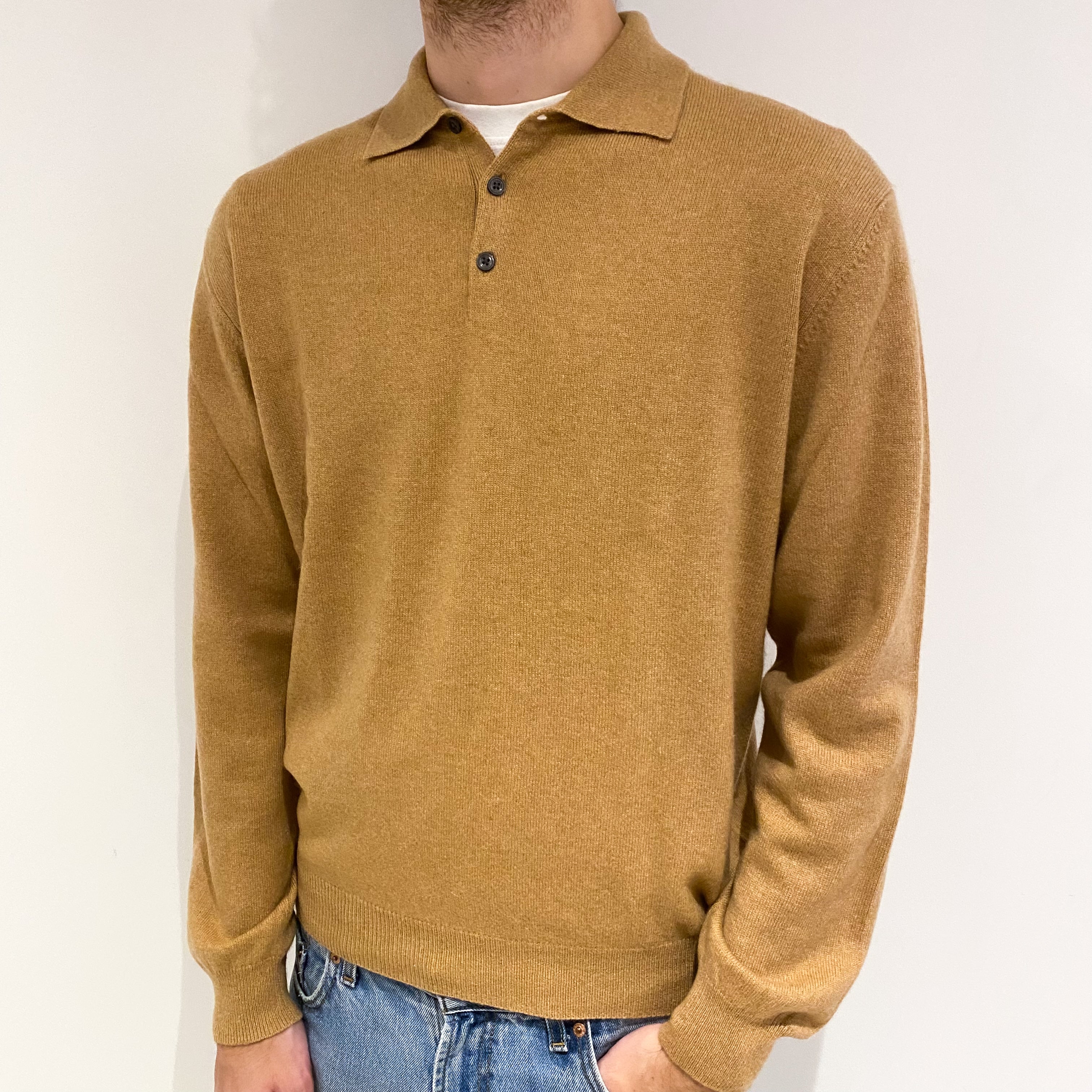 Men's Butterscotch Brown Cashmere Collared Crew Neck Jumper Medium