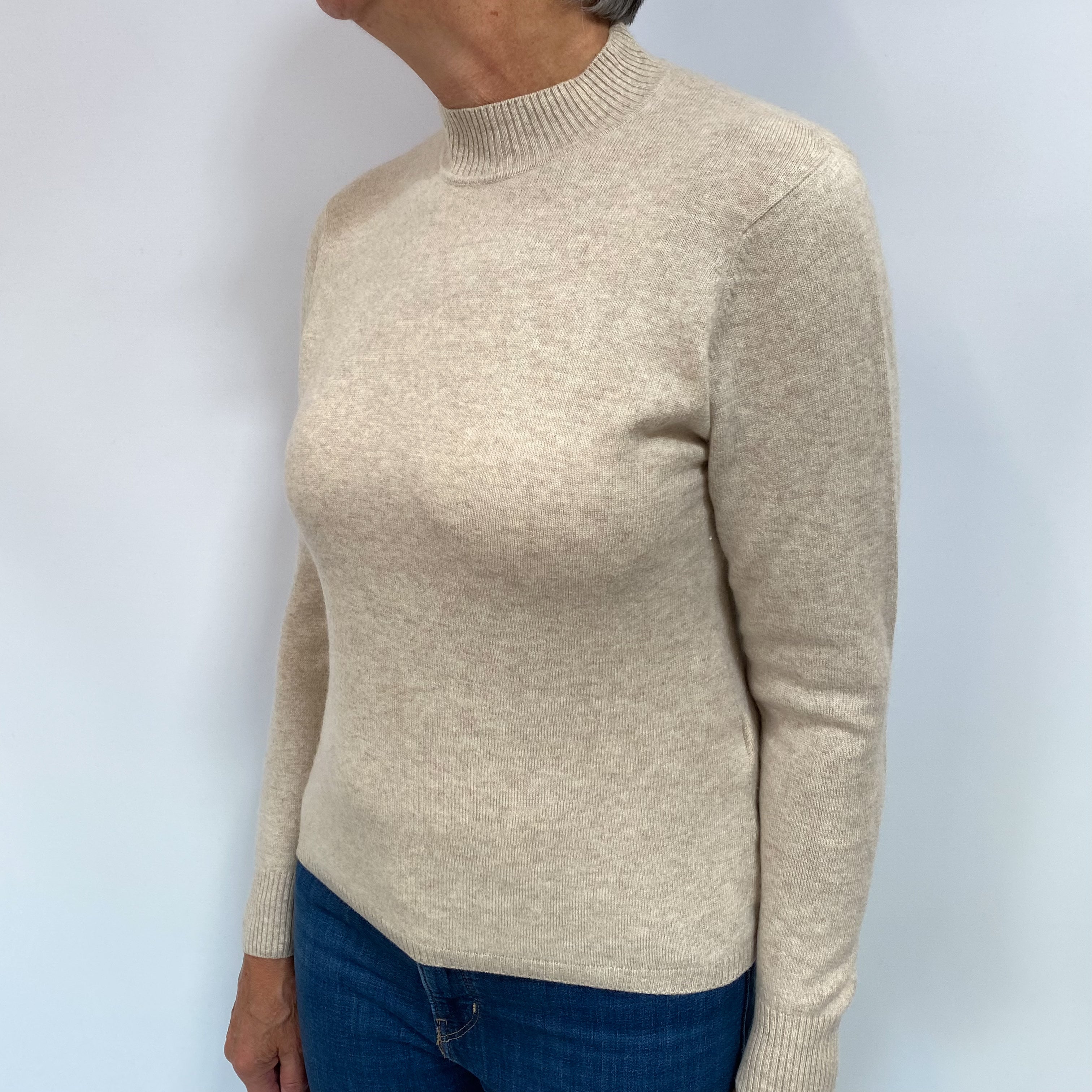 Oatmeal Beige Cashmere Turtle Neck Jumper Medium