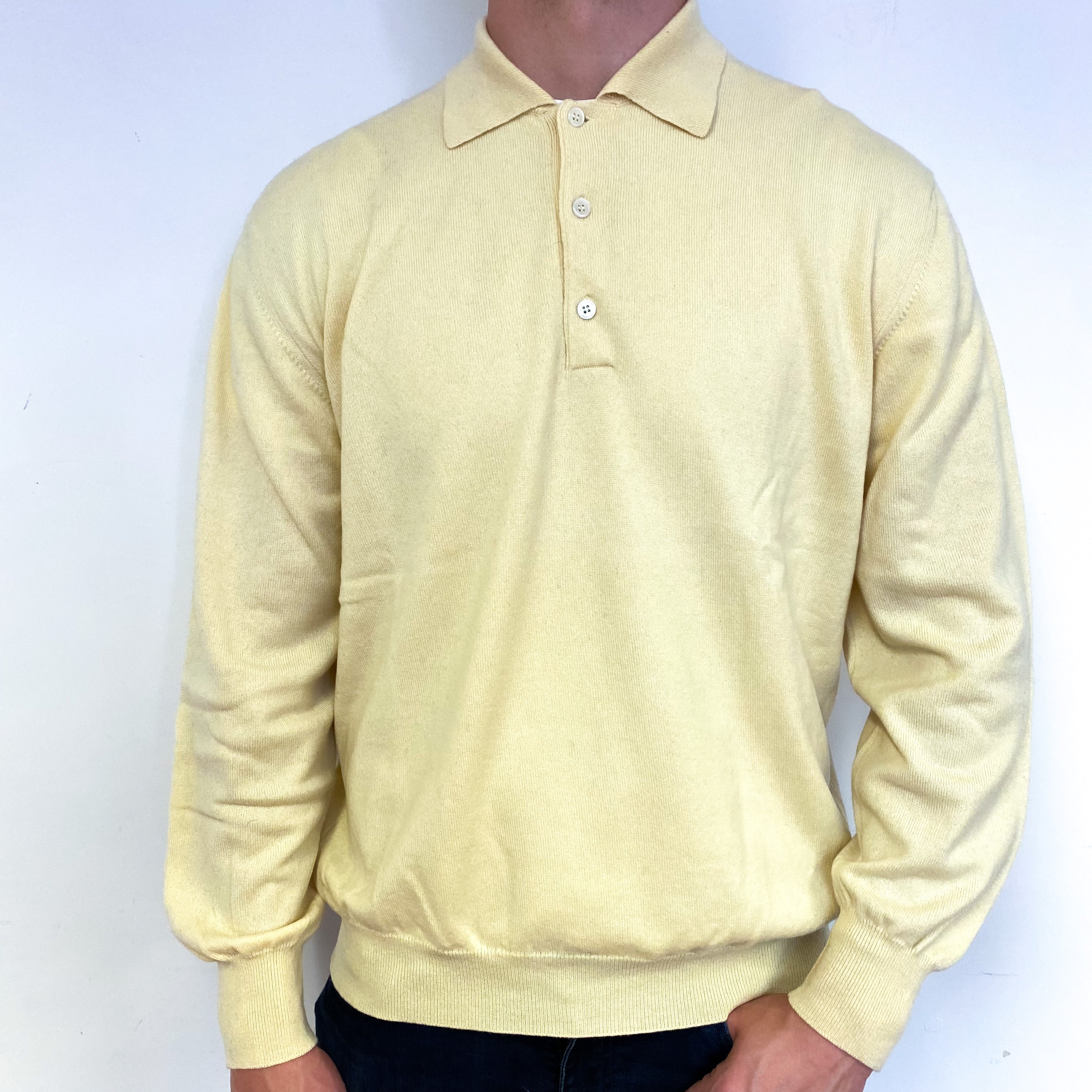 Men's Soft Yellow Cashmere Collared 1/4 Button Jumper XXL