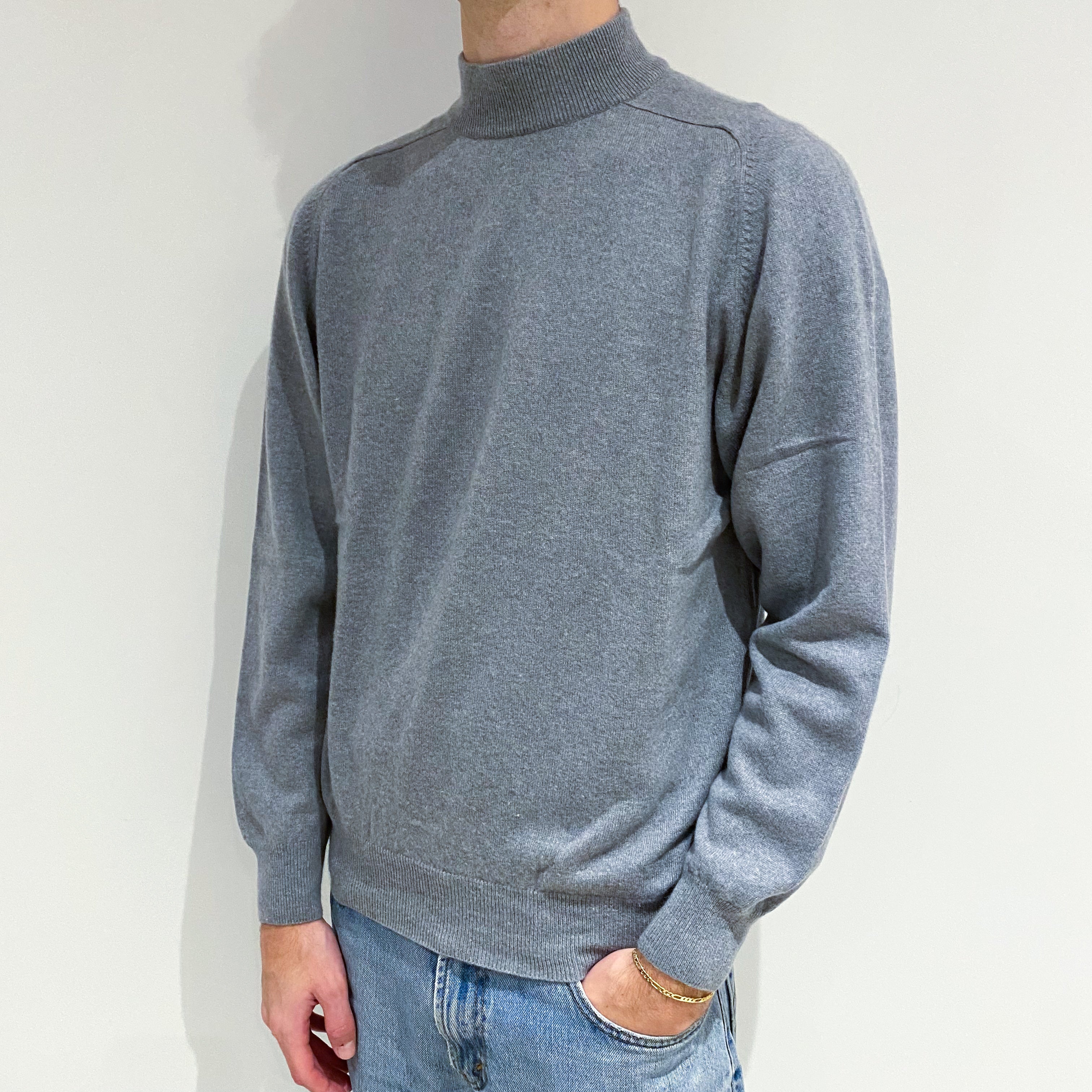 Men's Silver Grey Cashmere Polo Neck Jumper Large