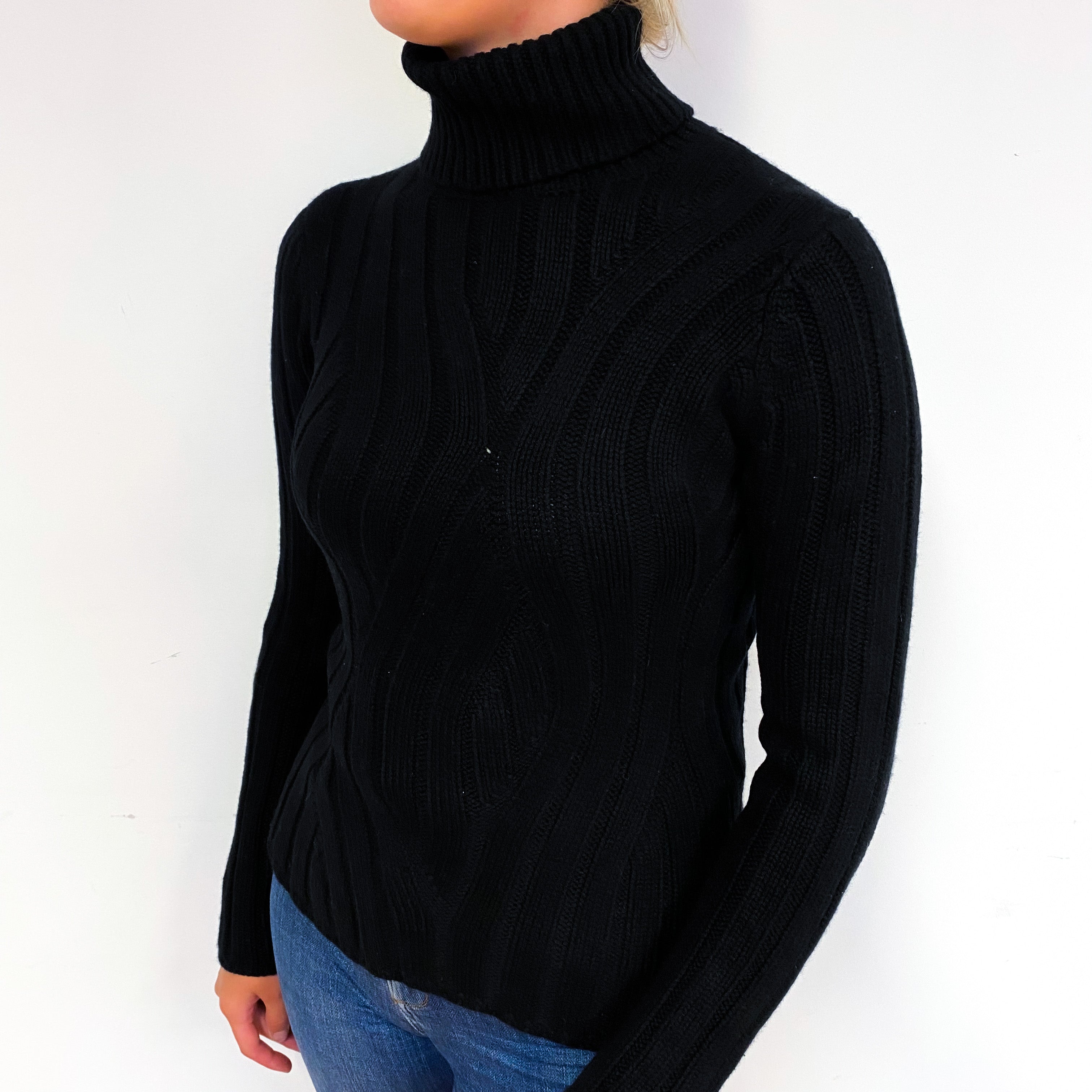 Black Chunky Ribbed Cashmere Polo Neck Jumper Small