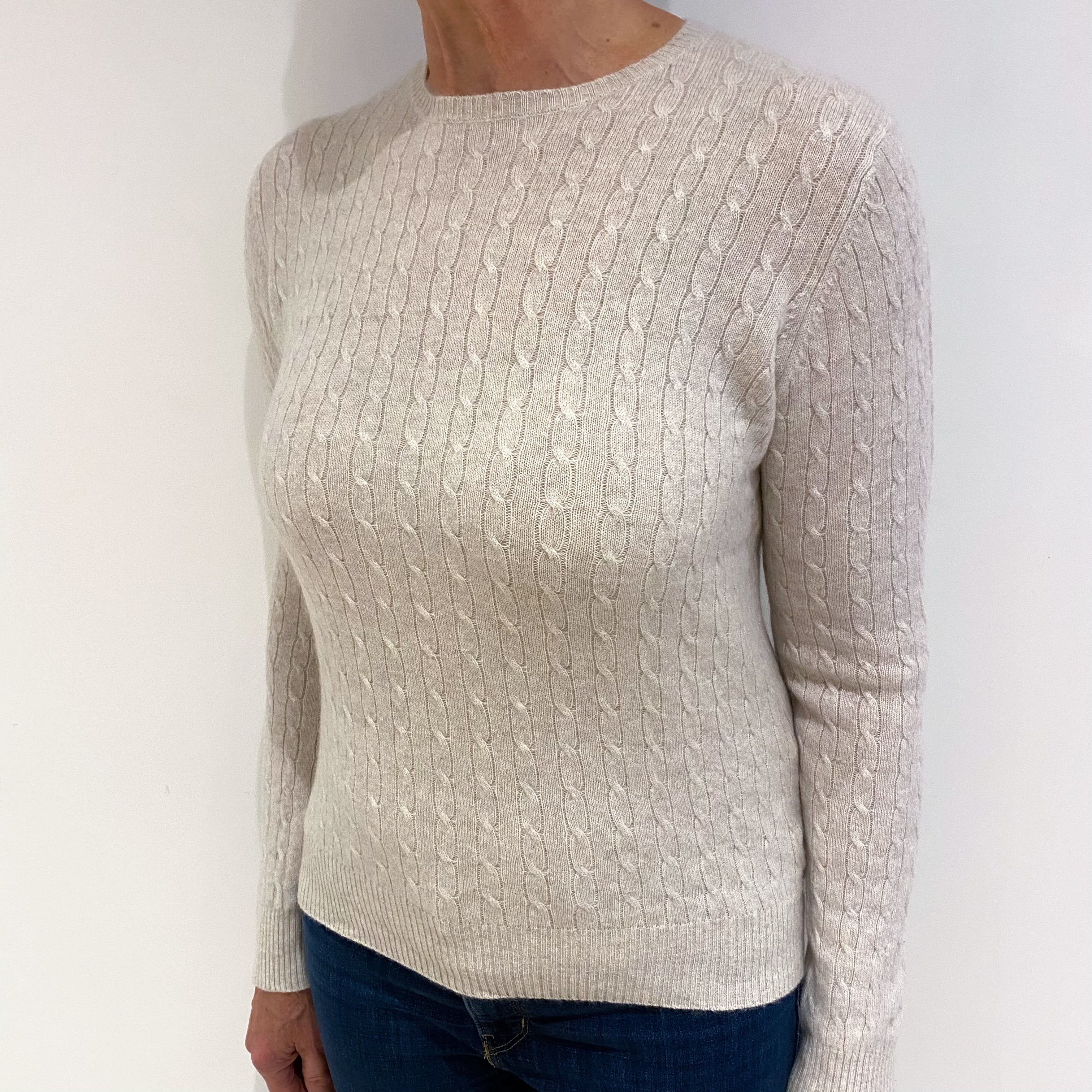Oatmeal Beige Cable Cashmere Crew Neck Jumper Medium