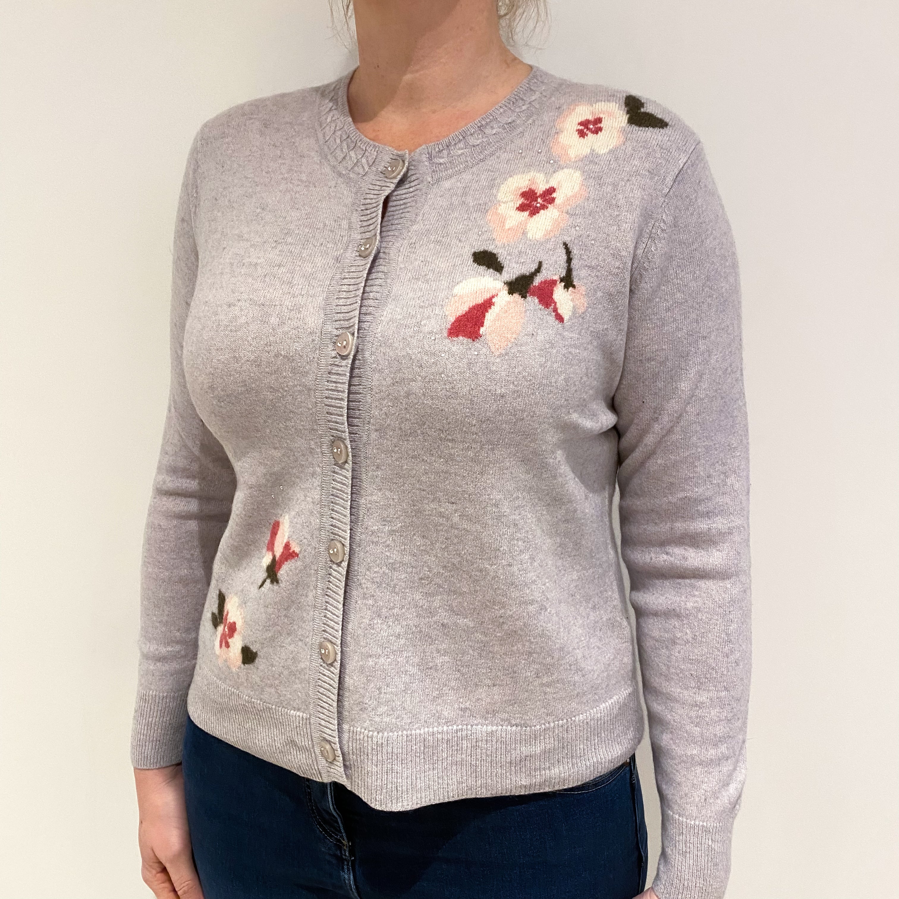 Mist Grey Floral Cashmere Crew Neck Cardigan Large