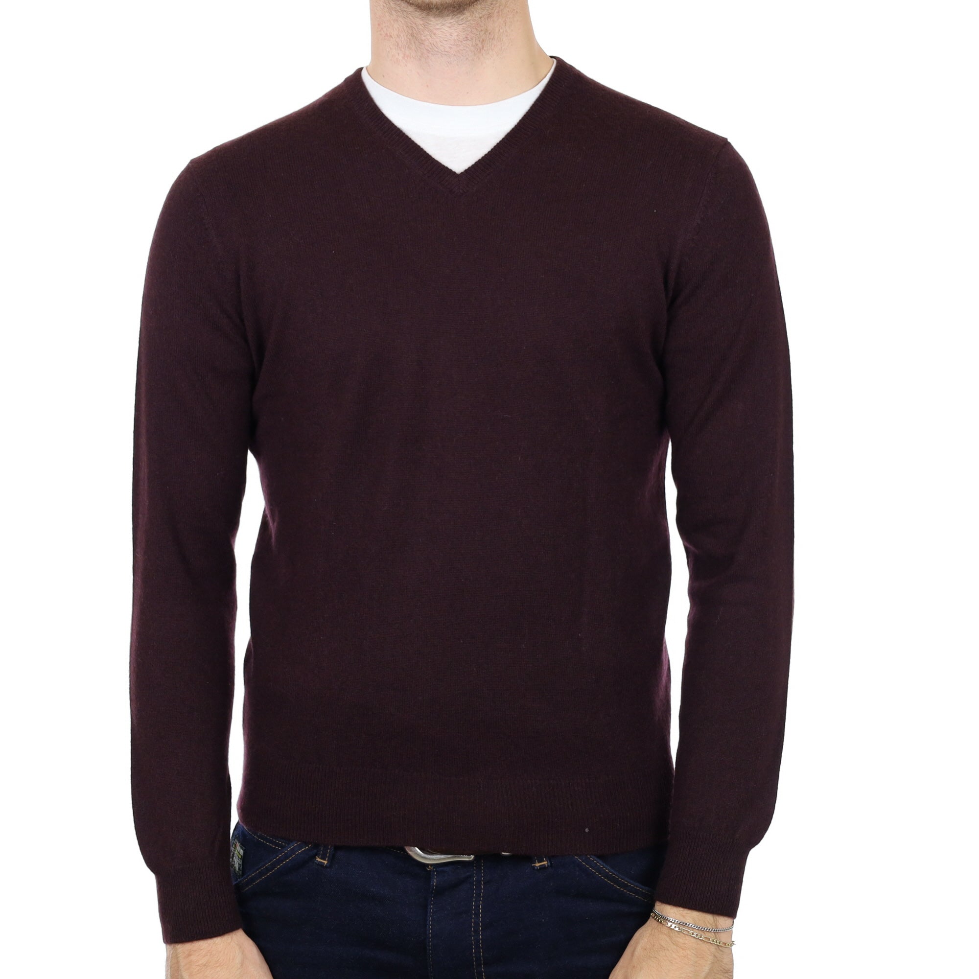 Men's Mulberry Purple Cashmere V Neck Jumper Medium