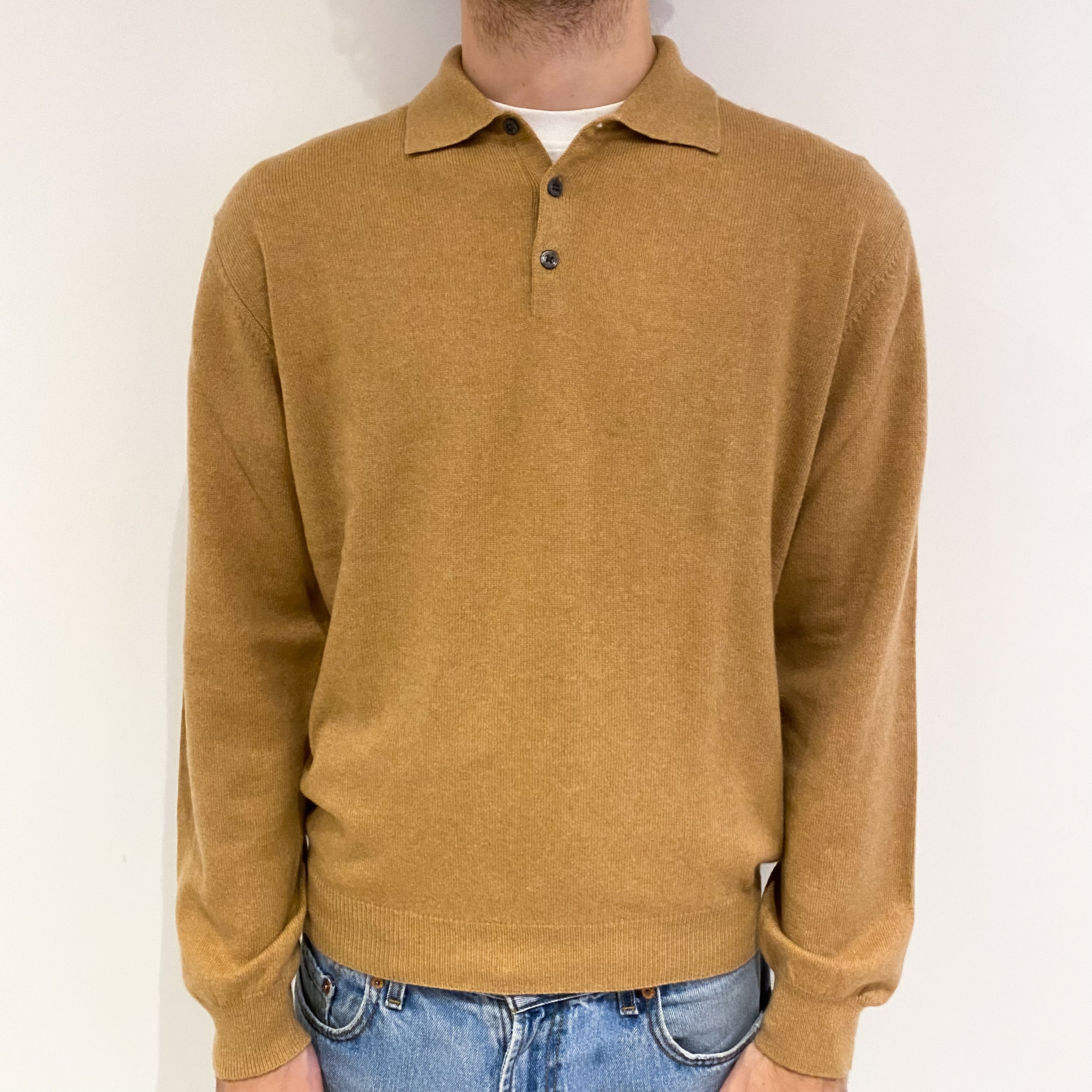 Men's Butterscotch Brown Cashmere Collared Crew Neck Jumper Medium