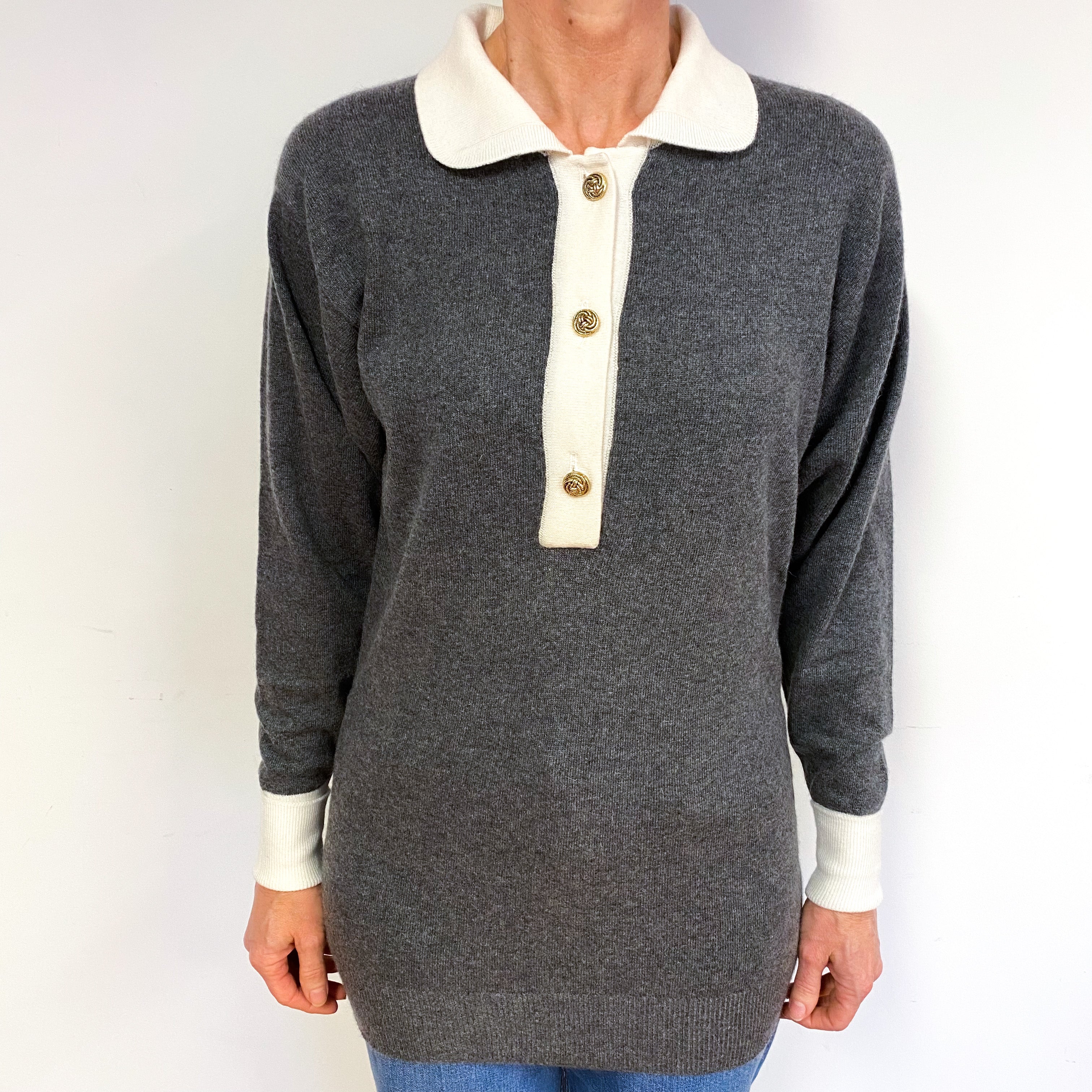 Slate Grey And Cream Cashmere Crew Neck Jumper Medium