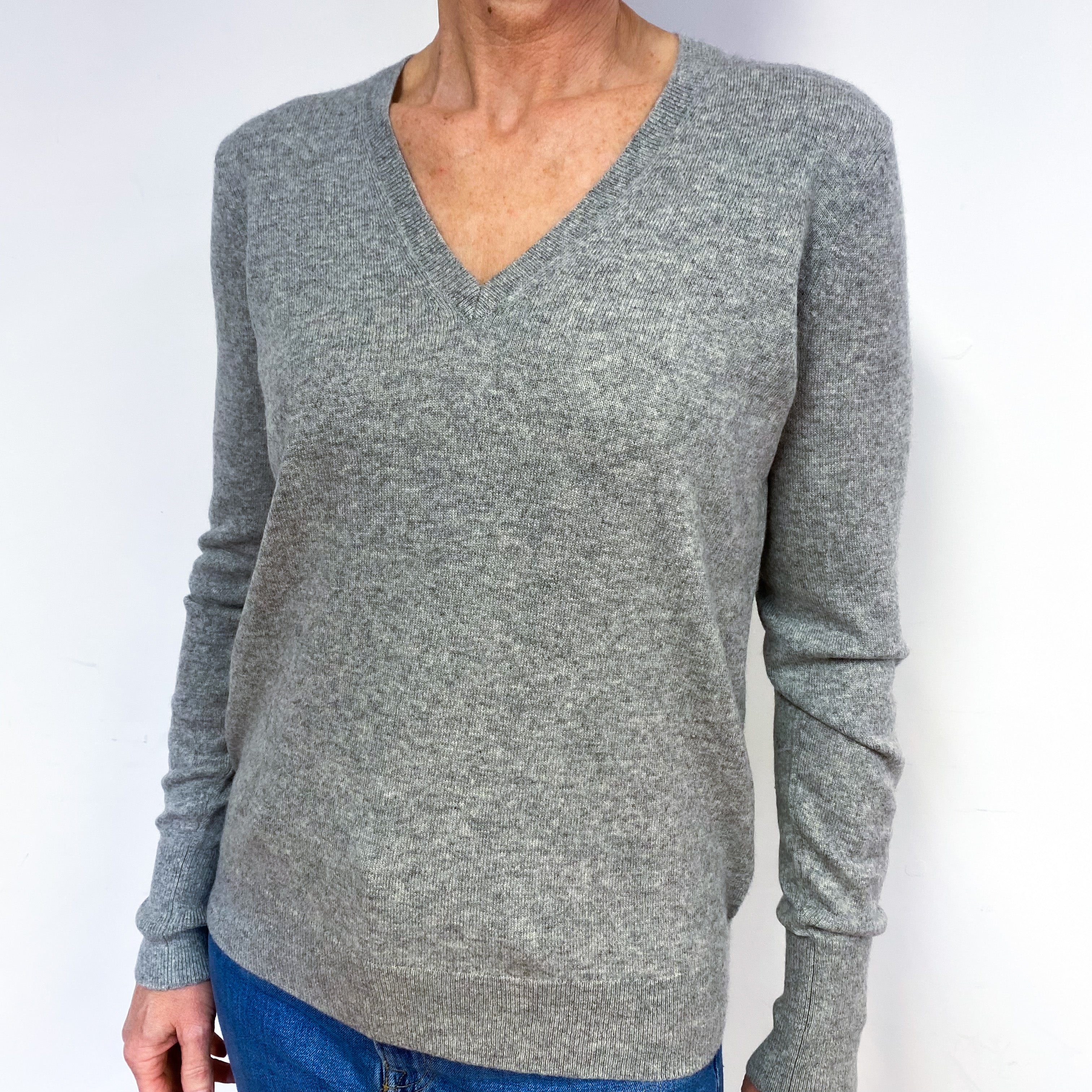Ash Grey Cashmere V-Neck Jumper Medium