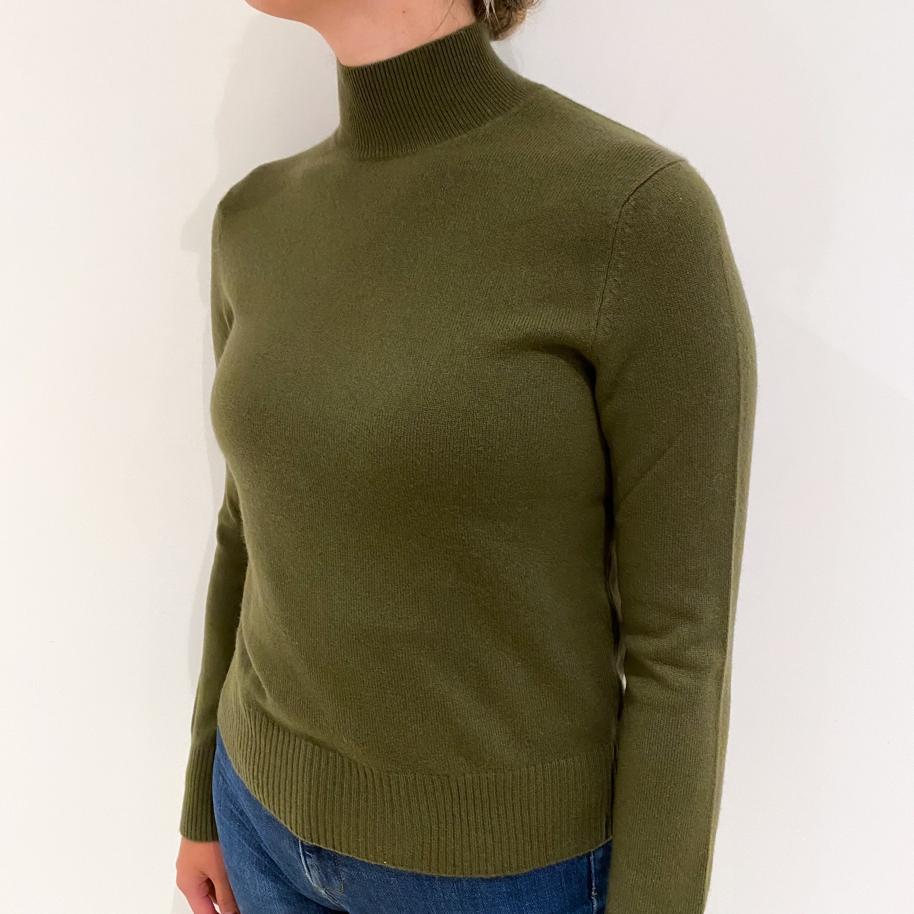 Olive Green Cashmere Turtle Neck Jumper Small