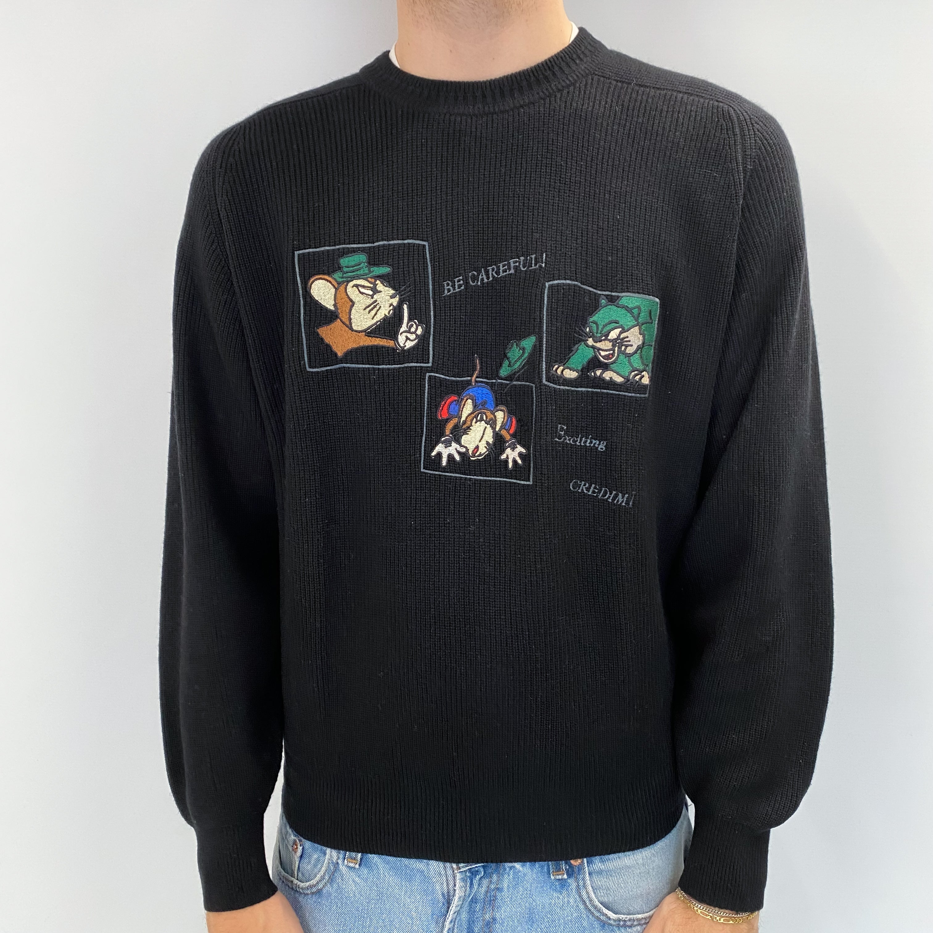 Men's Black Motif Cashmere Crew Neck Jumper Large
