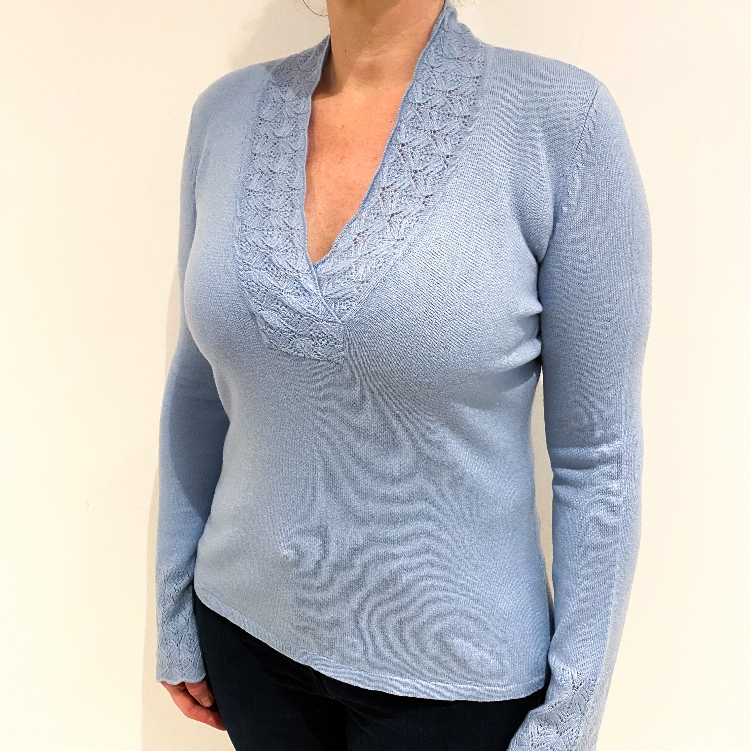Pale Blue Cashmere V Neck Jumper Large