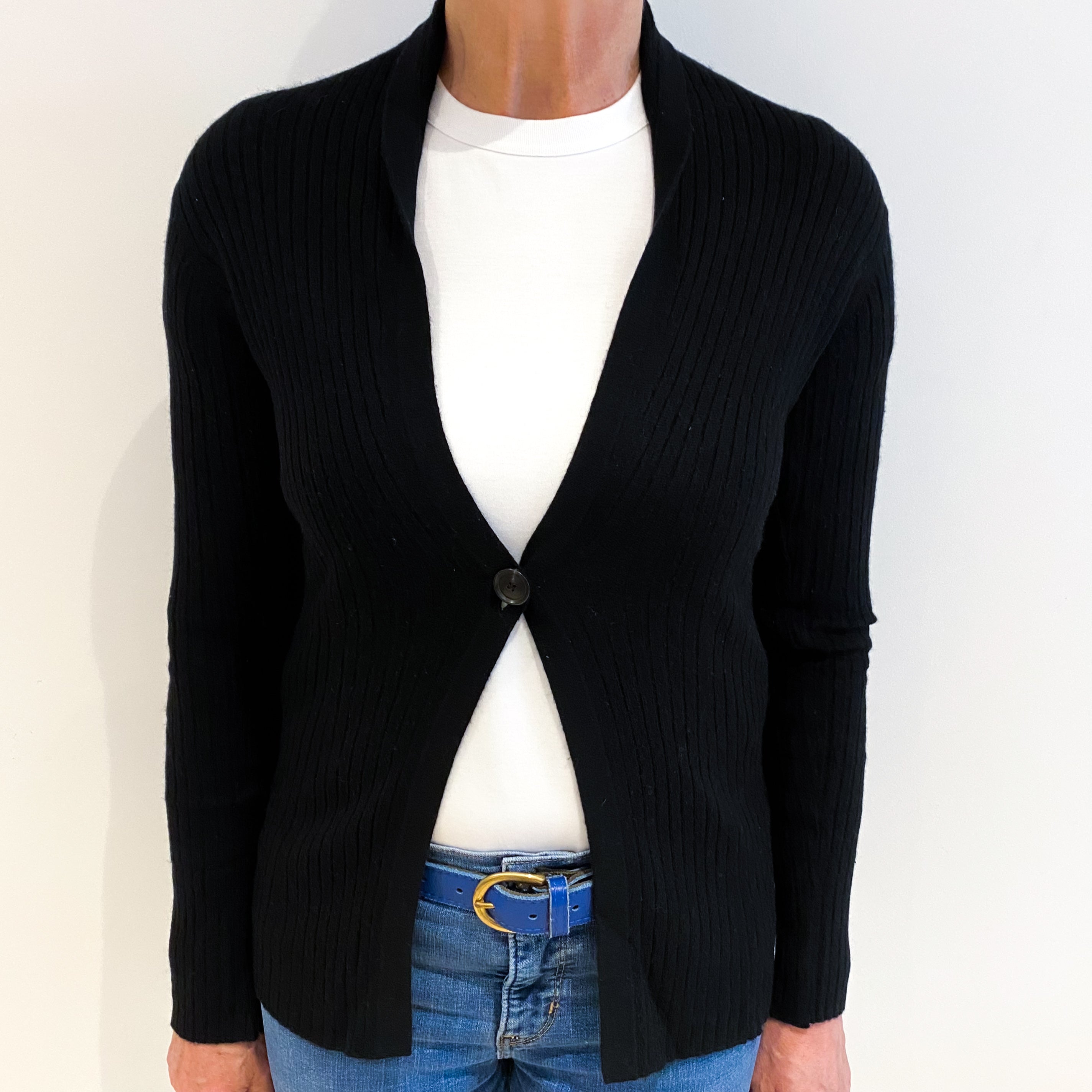 Theory Black Ribbed Cashmere Cardigan Medium