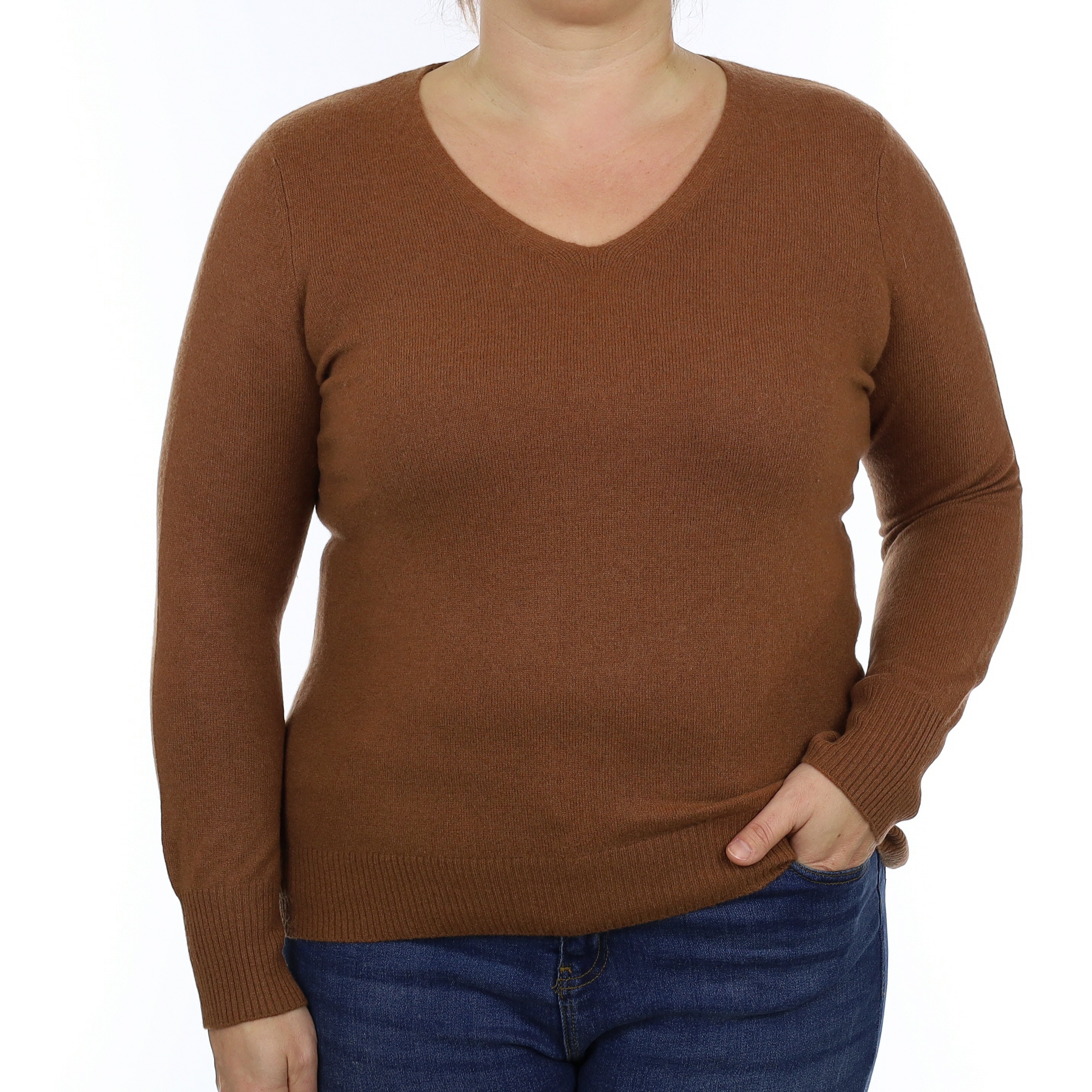 Chestnut Brown Cashmere V Neck Jumper Large