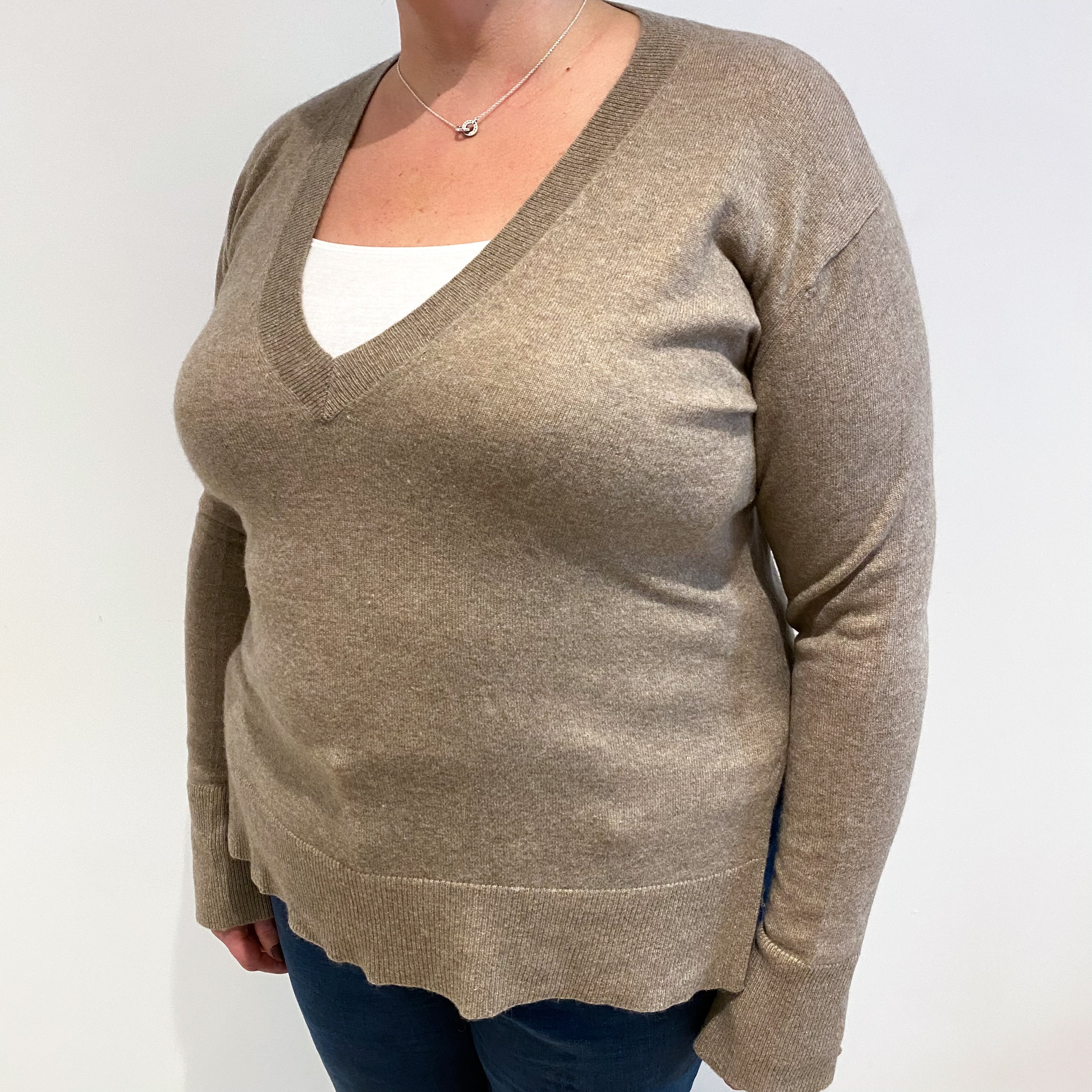 Taupe Brown Cashmere V Neck Jumper Extra Large