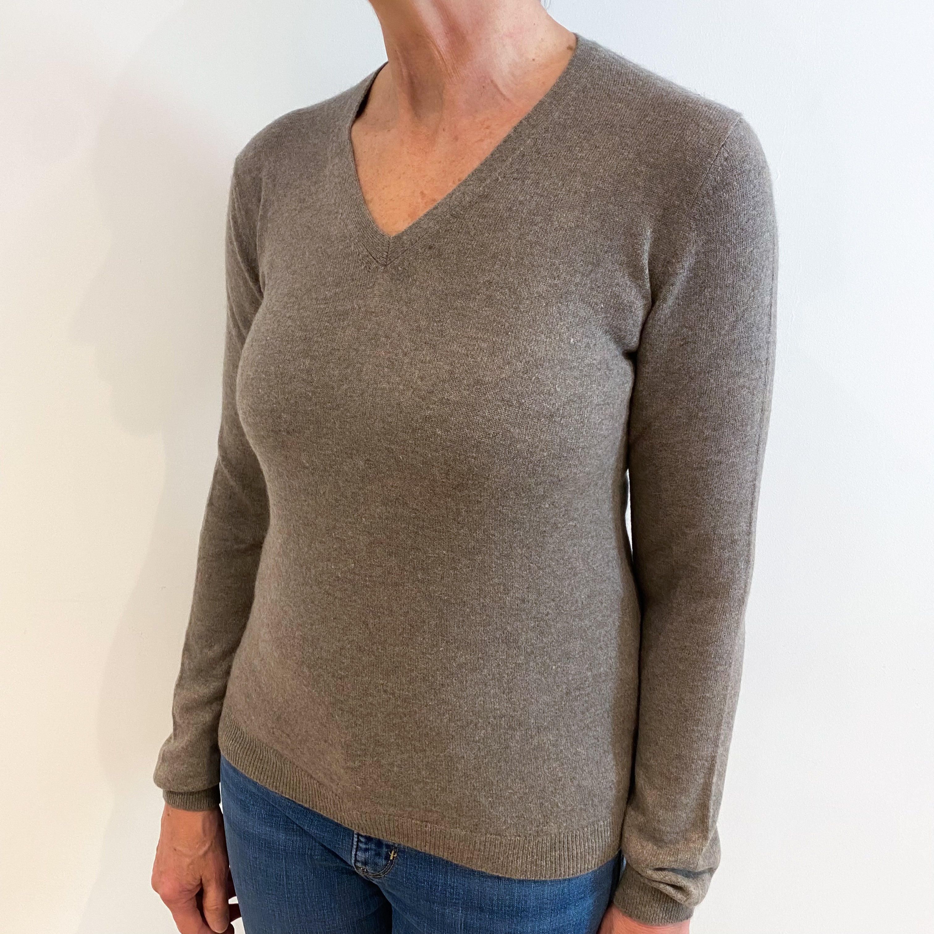 Taupe Brown Cashmere V Neck Jumper Medium