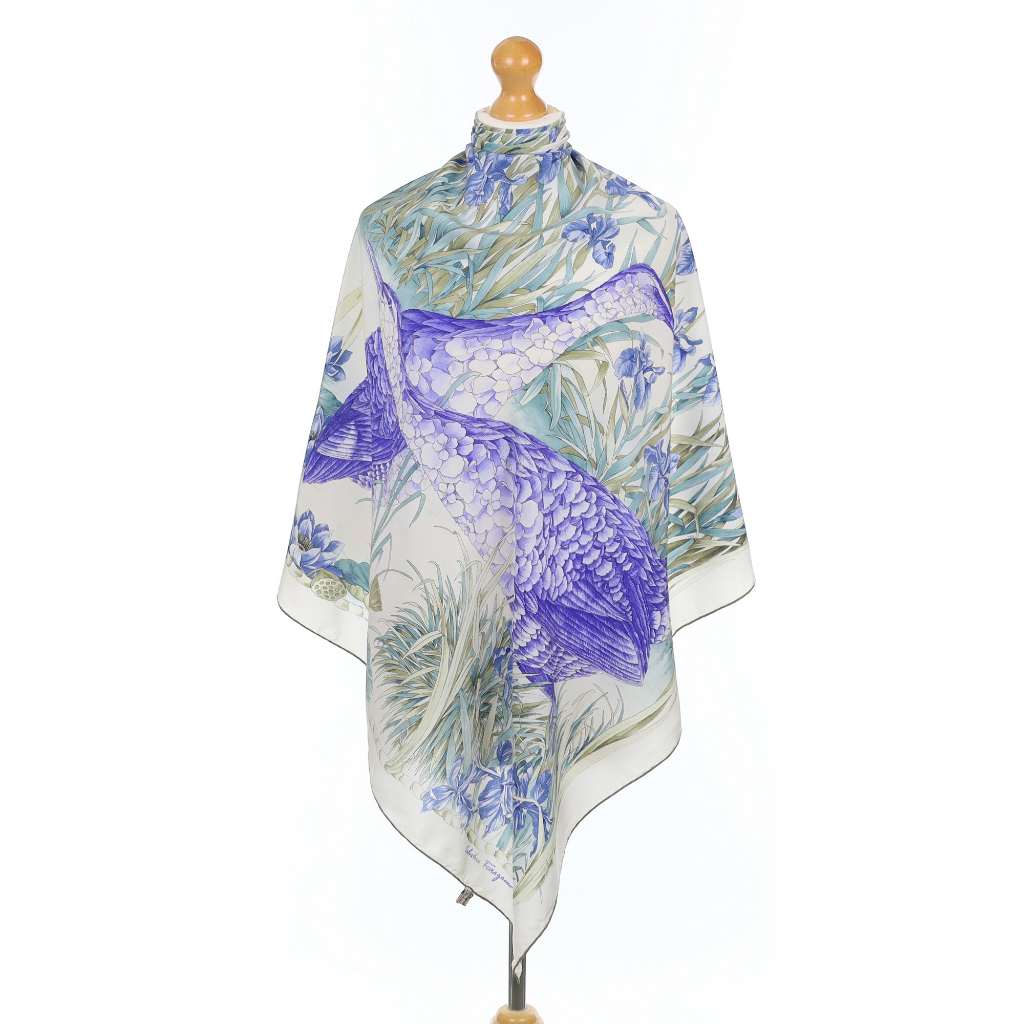 Salvatore Ferragamo Iris and Birds Vintage Silk Scarf