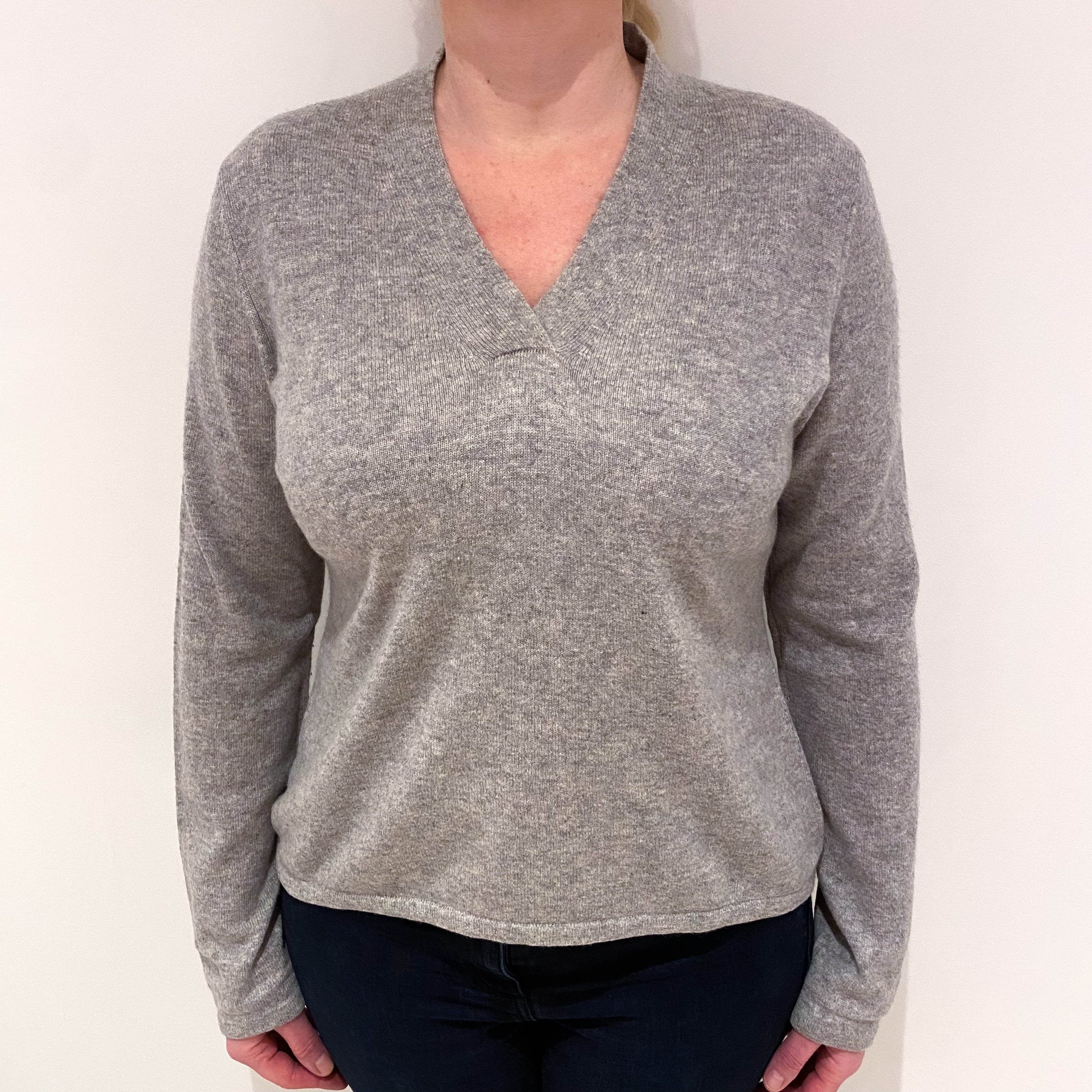 Ash Grey Cashmere V-Neck Jumper Large