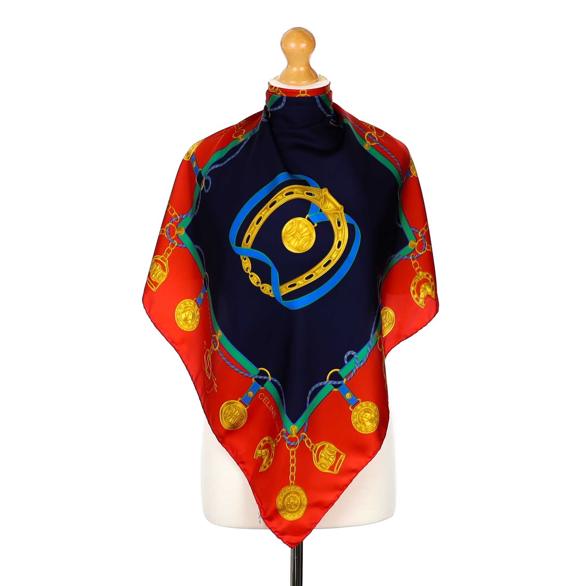 Celine Red and Blue Silk Equestrian Vintage Scarf