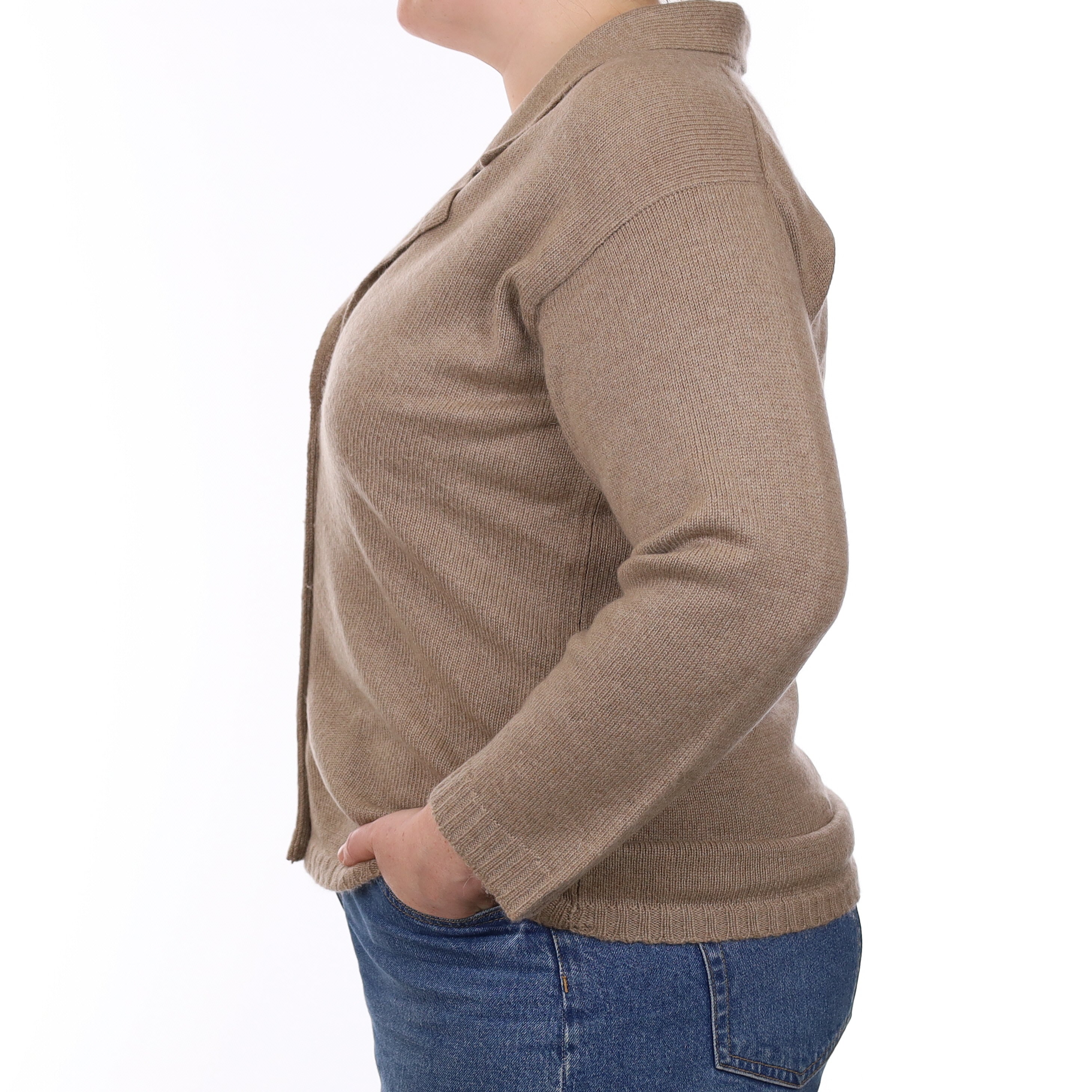 Taupe Brown Heavy Knit Cashmere Collared Cardigan Large