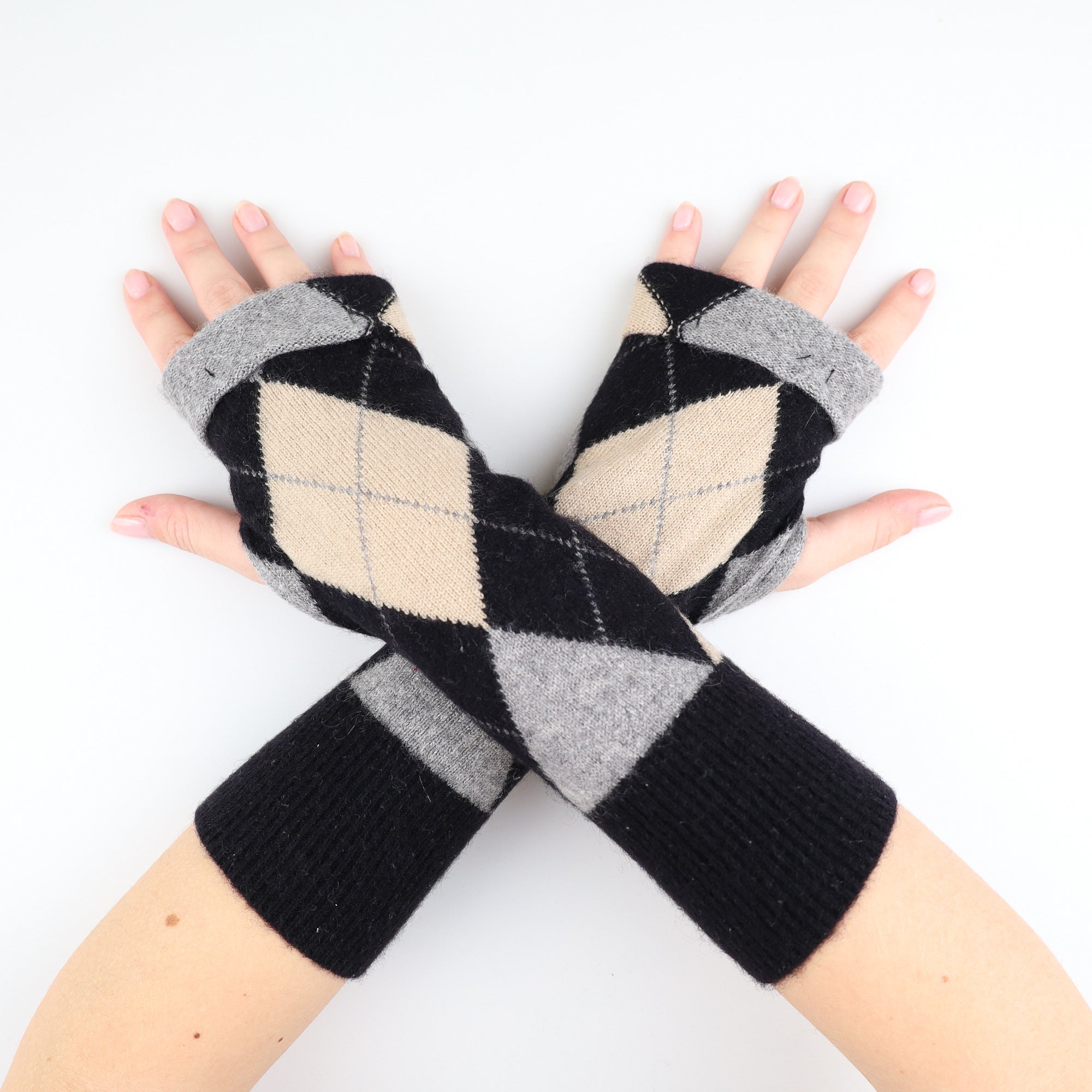 Grey Beige and Black Patterned Fingerless Gloves