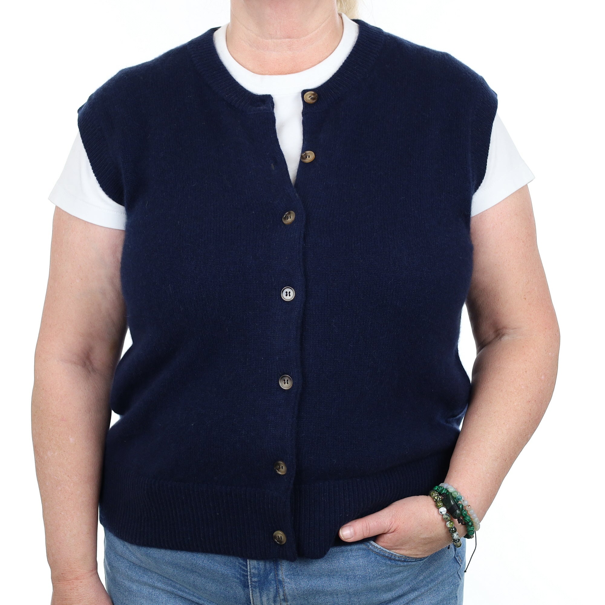 Brand New Navy Luxury Cashmere Crew Neck Waistcoat Extra Large UK 20-22
