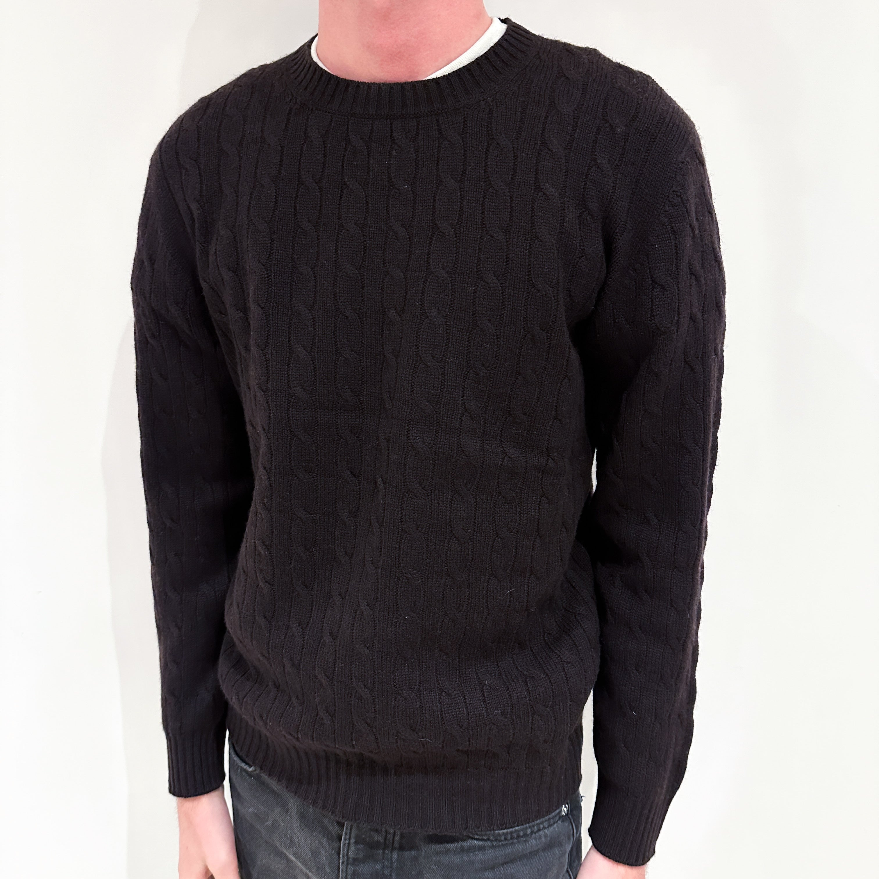 Men's Brand New Scottish Darkest Brown Cable Cashmere Crew Neck Jumper Small