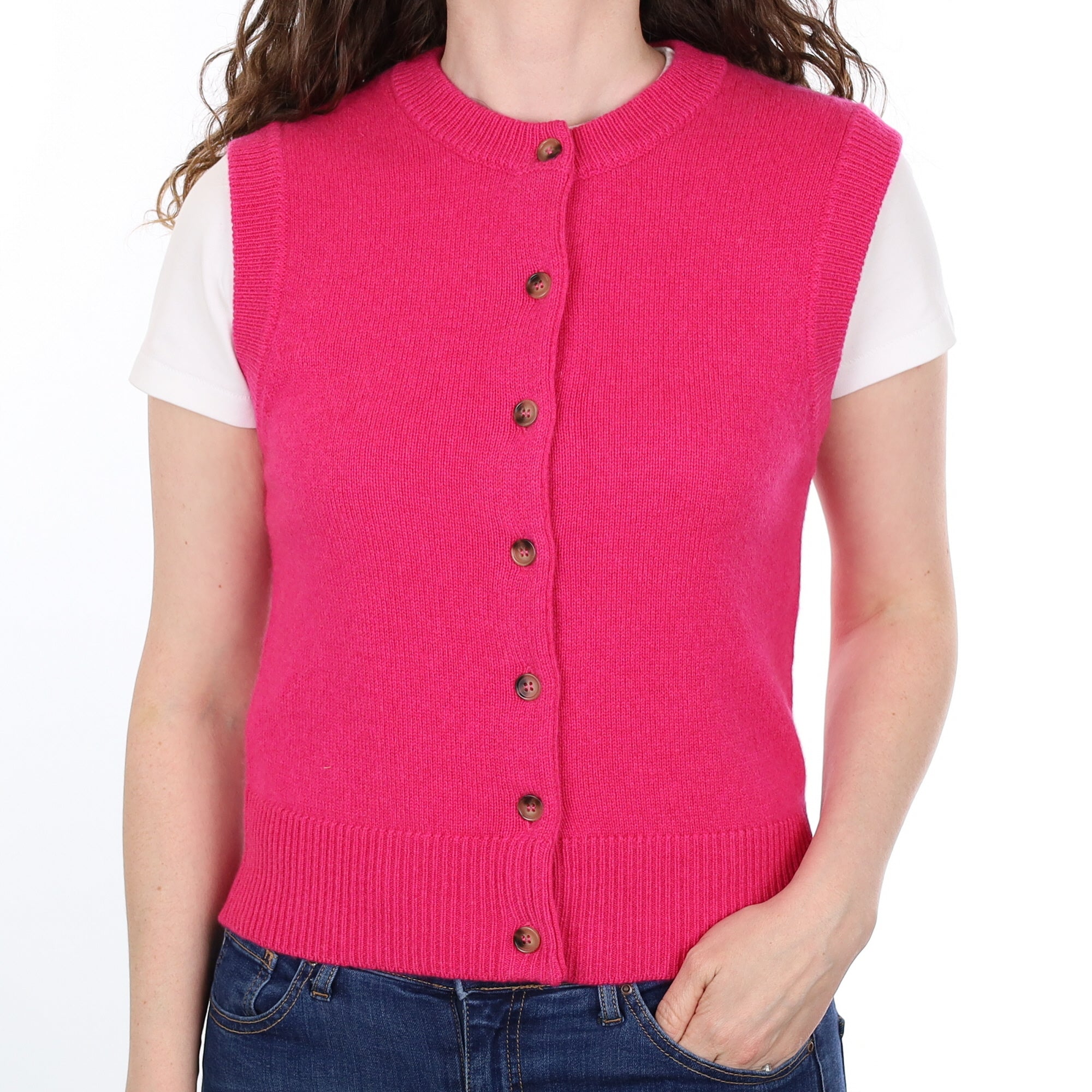 Brand New Hot Pink Luxury Cashmere Crew Neck Waistcoat Small UK 8-10