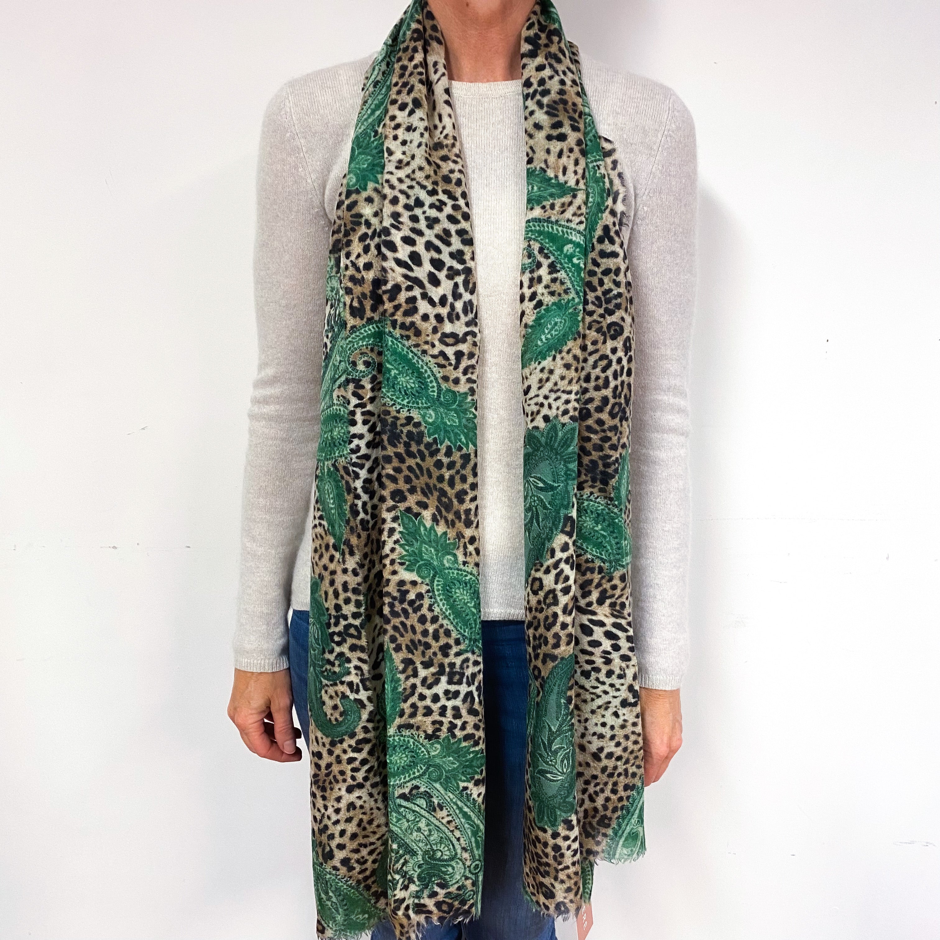Animal Print and Green Paisley Cashmere Woven Fine Knit Wrap