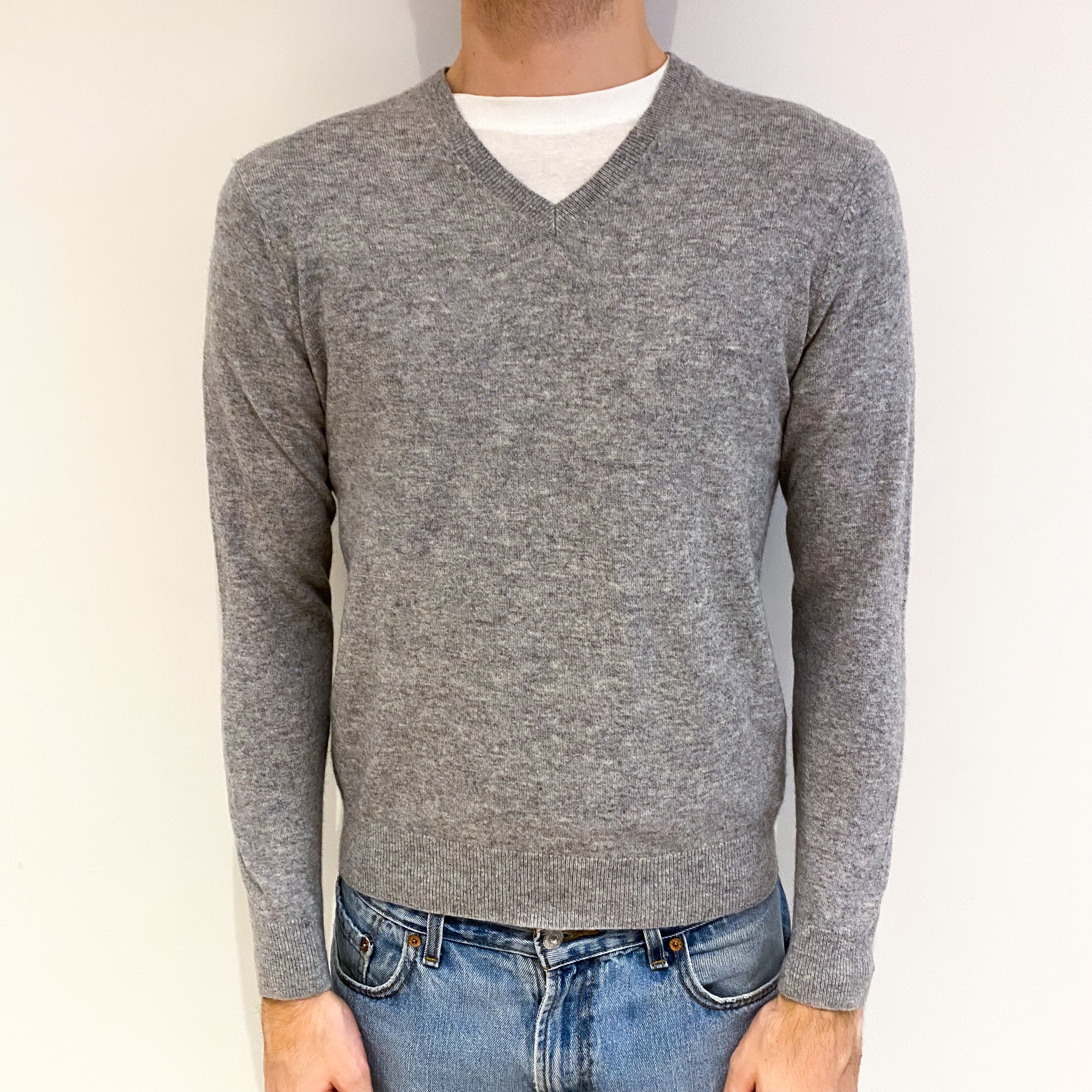 Men's Ash Grey Cashmere V Neck Jumper Medium