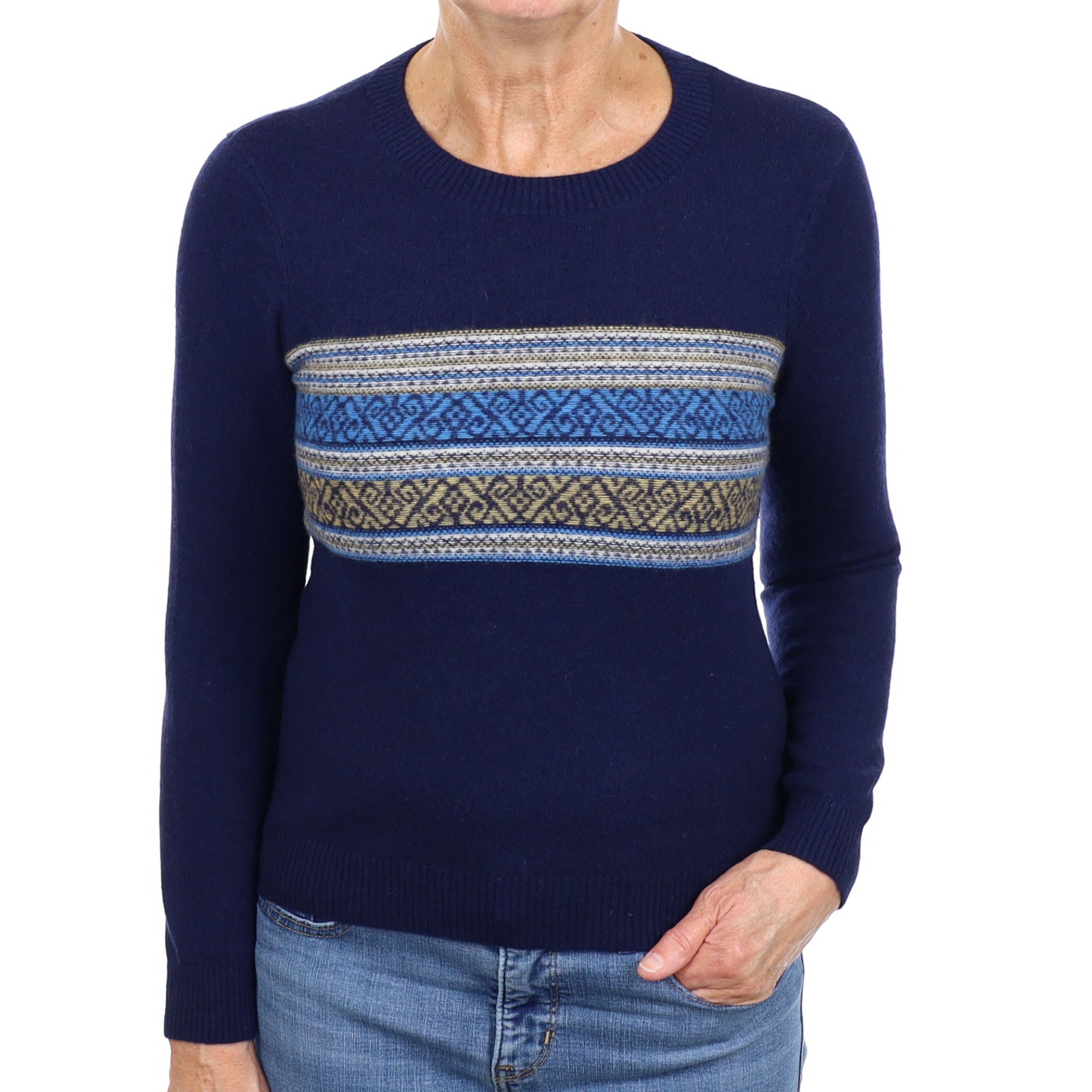 Navy Blue Fairisle Cashmere Crew Neck Jumper Medium