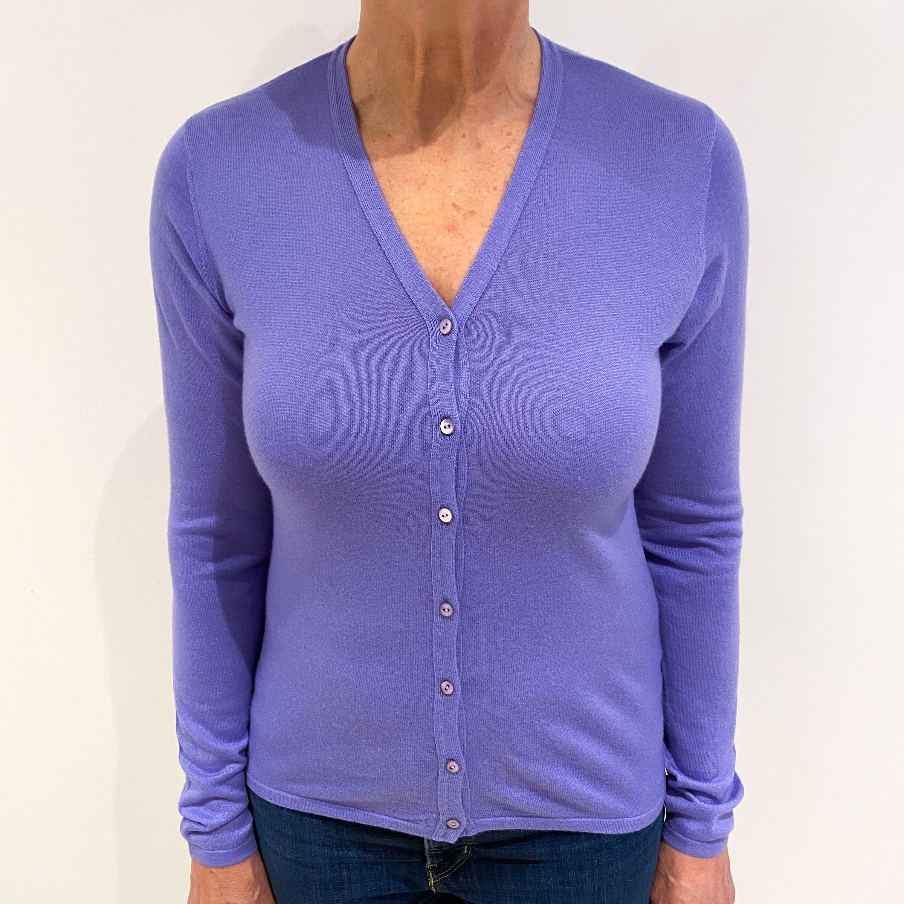 Lavender Purple Fine Knit Cashmere V Neck Cardigan Medium