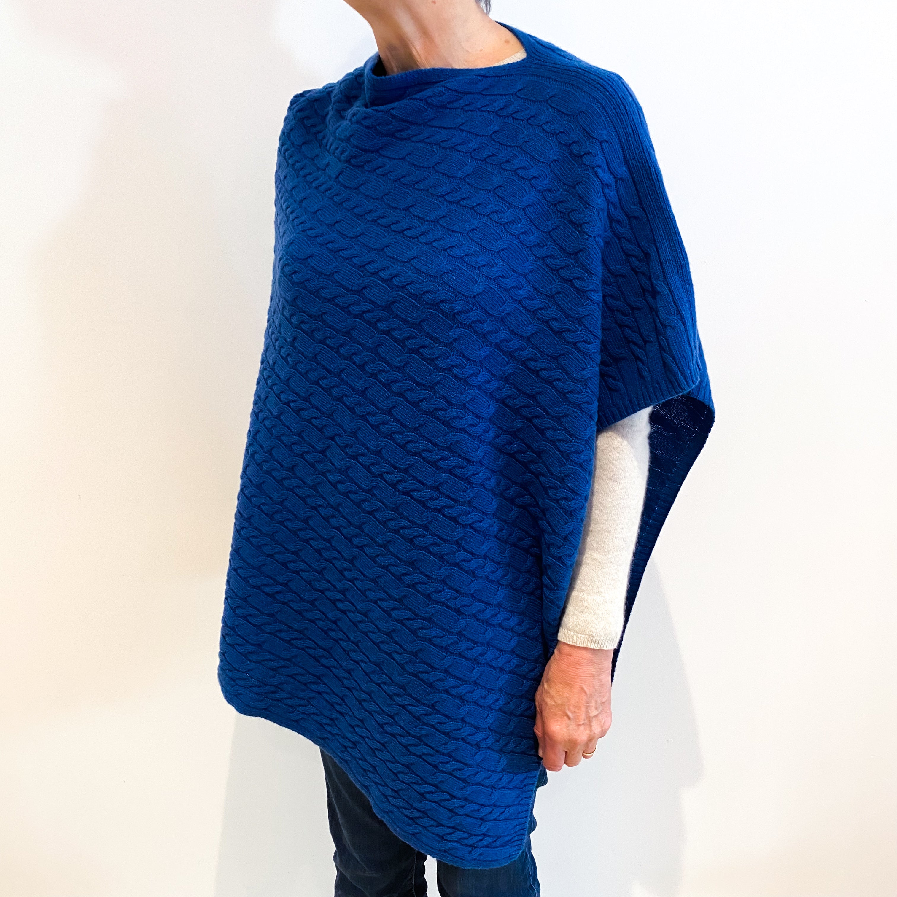 Brand New Scottish Naval Blue Cashmere Cable Poncho One Size