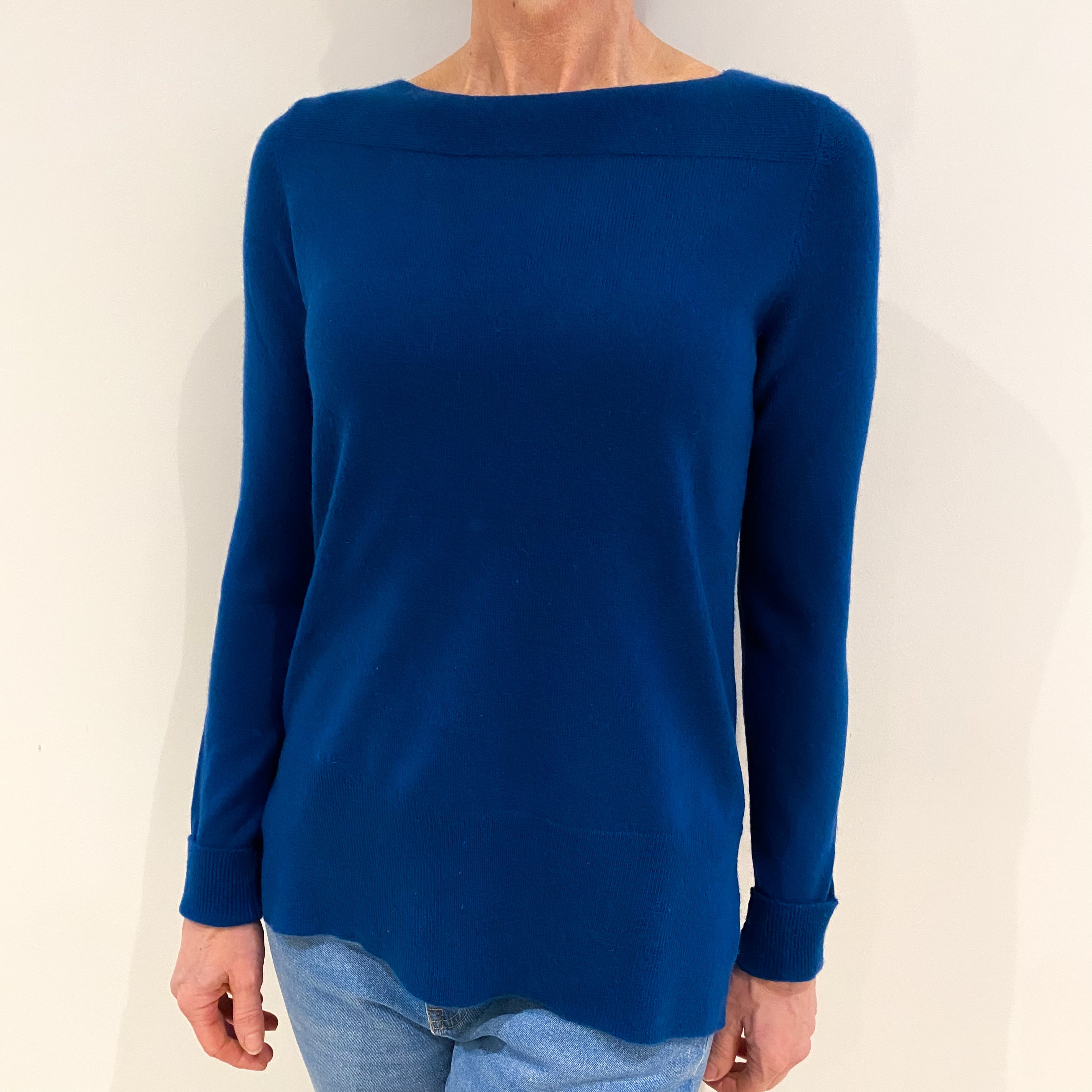 Petrol Blue Cashmere Slash Neck Jumper Small
